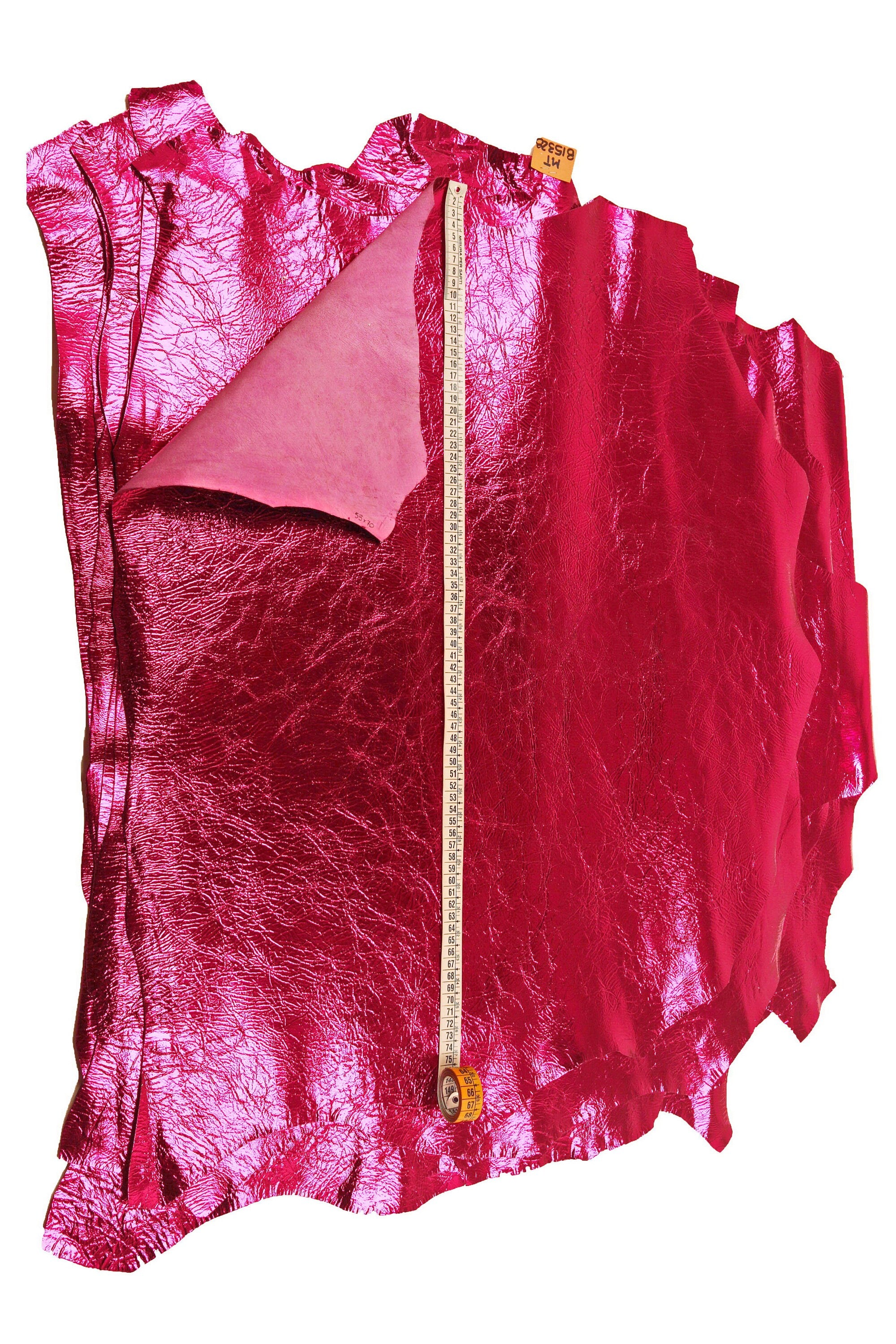 Metallic fuchsia lamb leather skin, crinkled shiny laminated leather finish, leather hide for creative surfaces B15328-MT La Garzarara