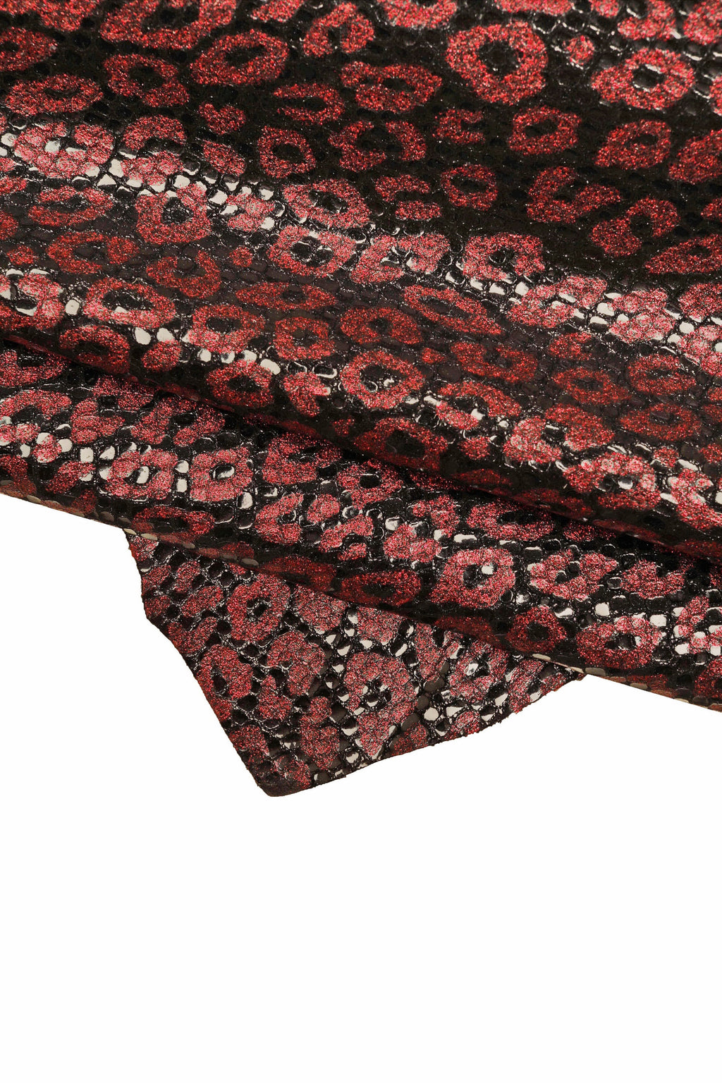LEOPARD printed leather skin, black goatskin with red glitter animal texture, soft B15359-MT(ST) La Garzarara
