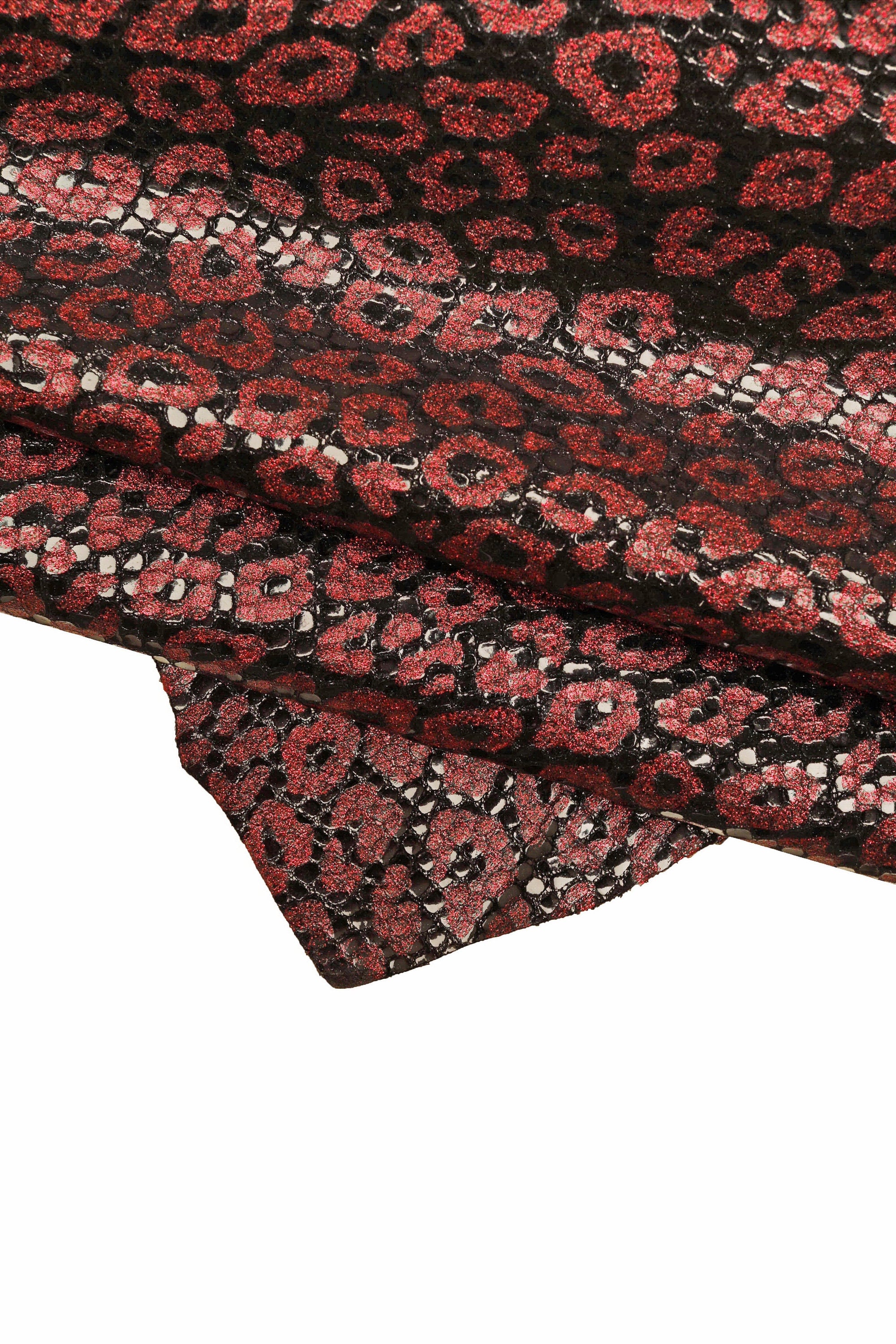 LEOPARD printed leather skin, black goatskin with red glitter animal texture, soft B15359-MT(ST) La Garzarara