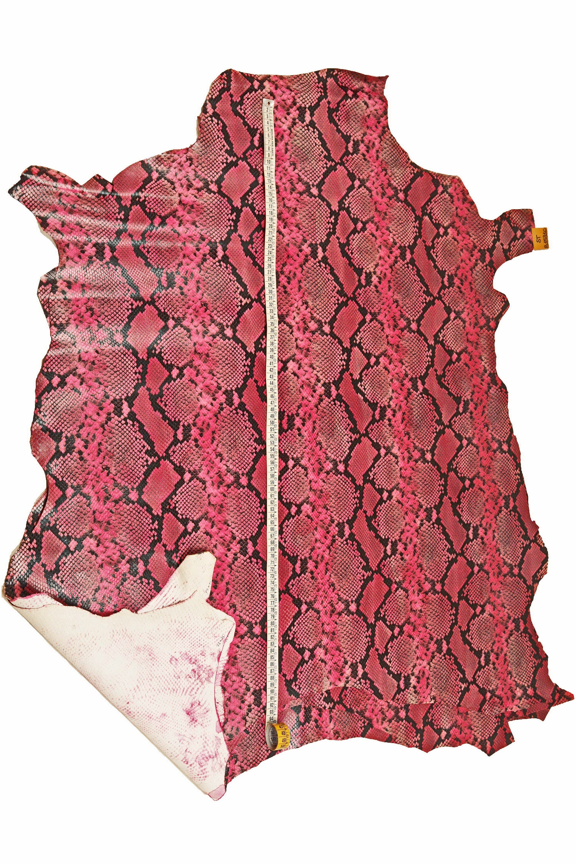 PINK PYTHON printed leather skin, fuchsia snake textured goatskin, glossy animal print reptile hide B15310-ST La Garzarara