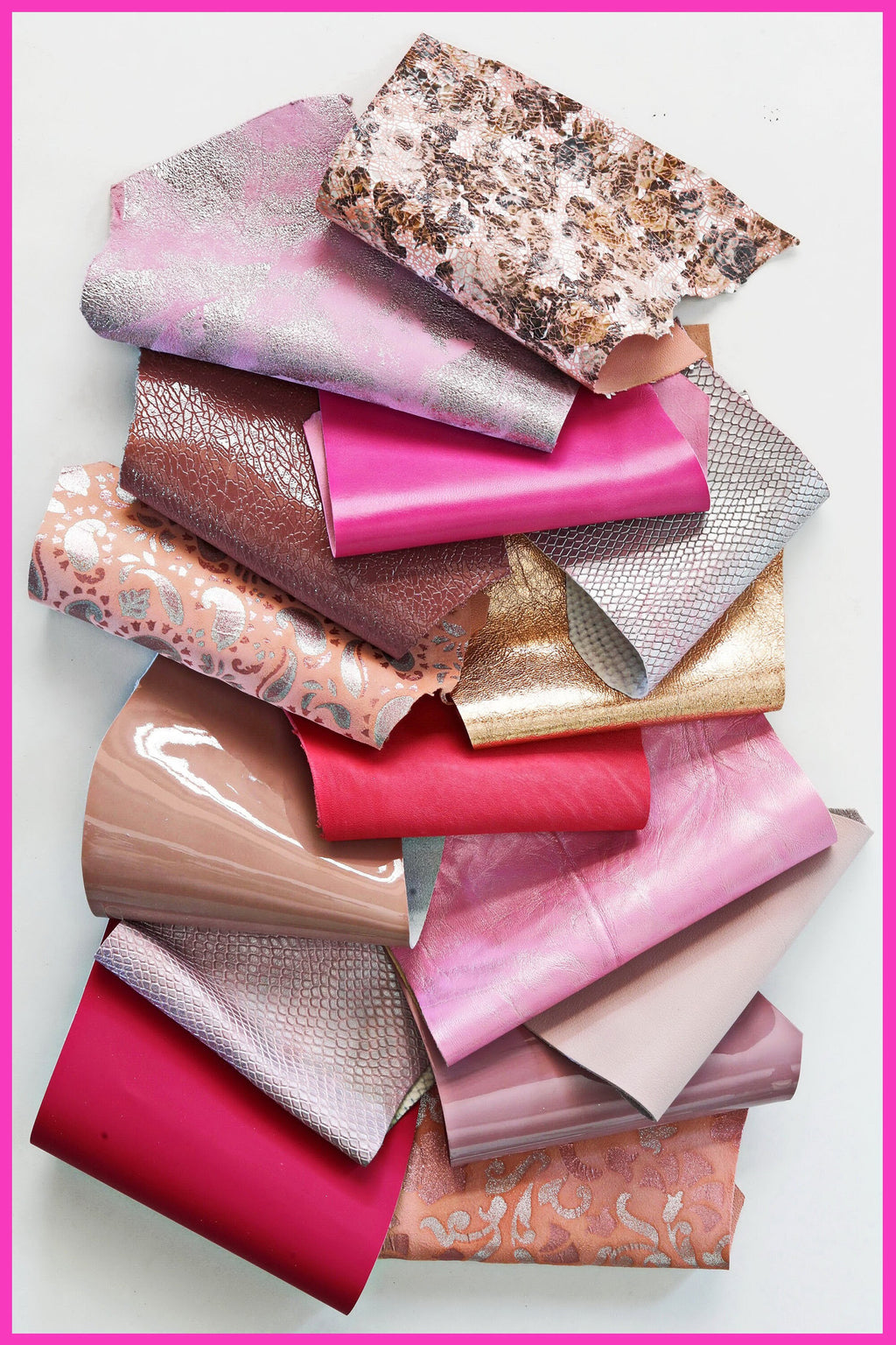Pink leather scraps pieces, mixed textures and softness, random assorted leather pack 0.300 kg B1270-RC La Garzarara
