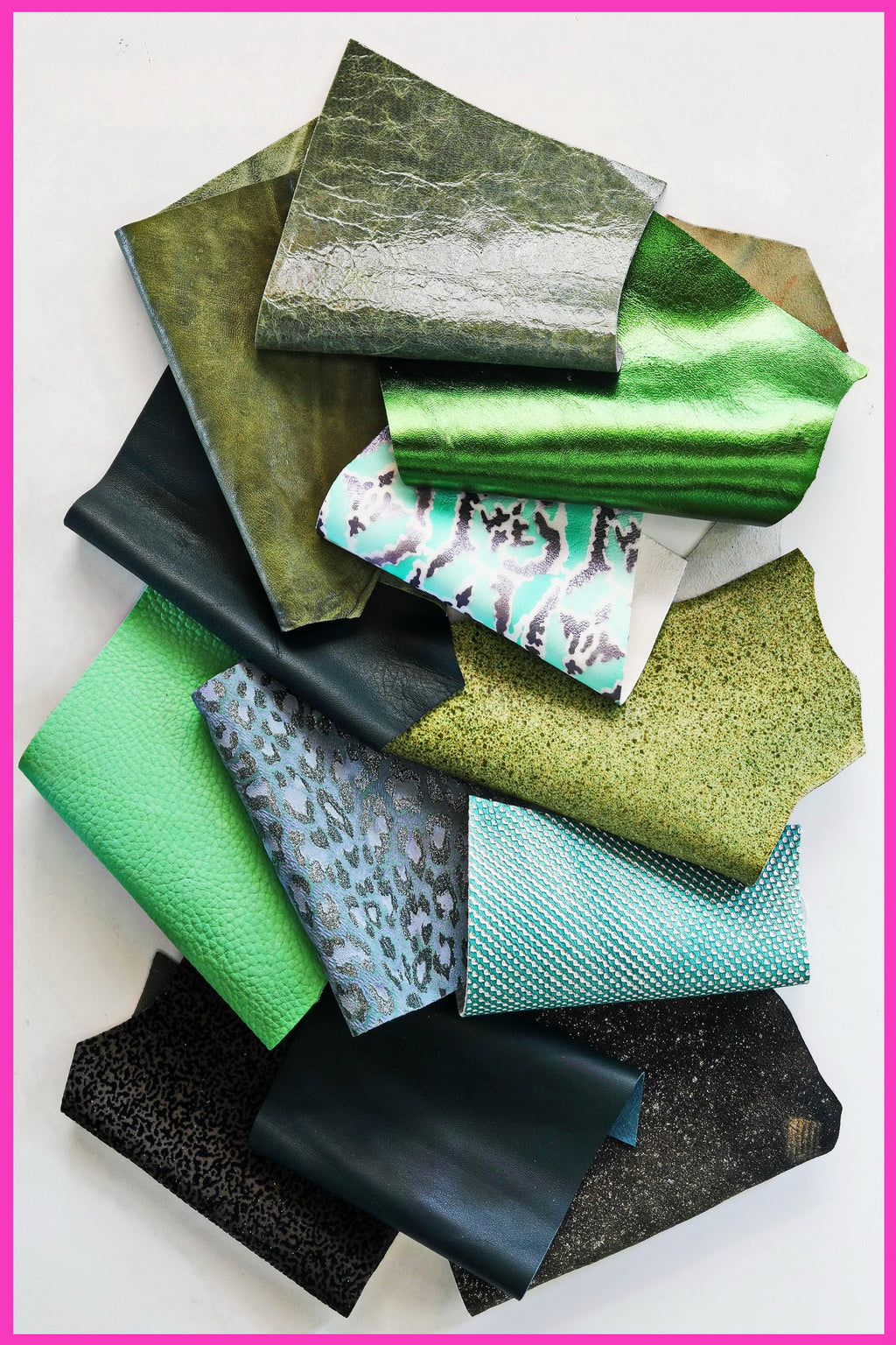 Assorted Green Scraps, Decorative Leather Pieces, Metallic Printed and Grain Offcuts for Accessories and Crafts B1290-RC La Garzarara