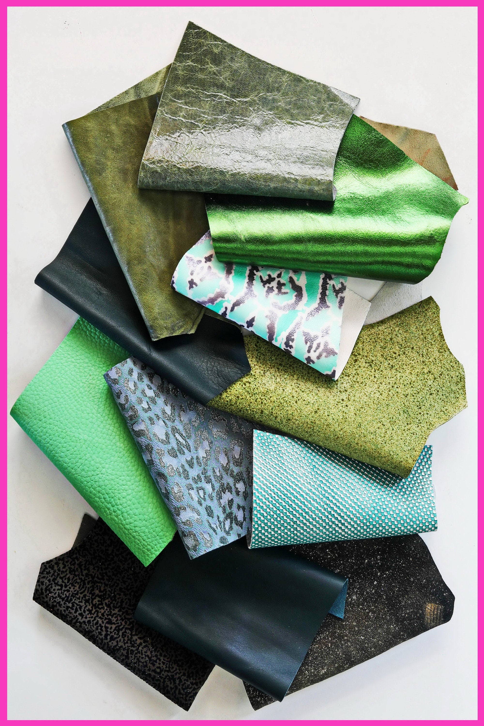 Assorted Green Scraps, Decorative Leather Pieces, Metallic Printed and Grain Offcuts for Accessories and Crafts B1290-RC La Garzarara