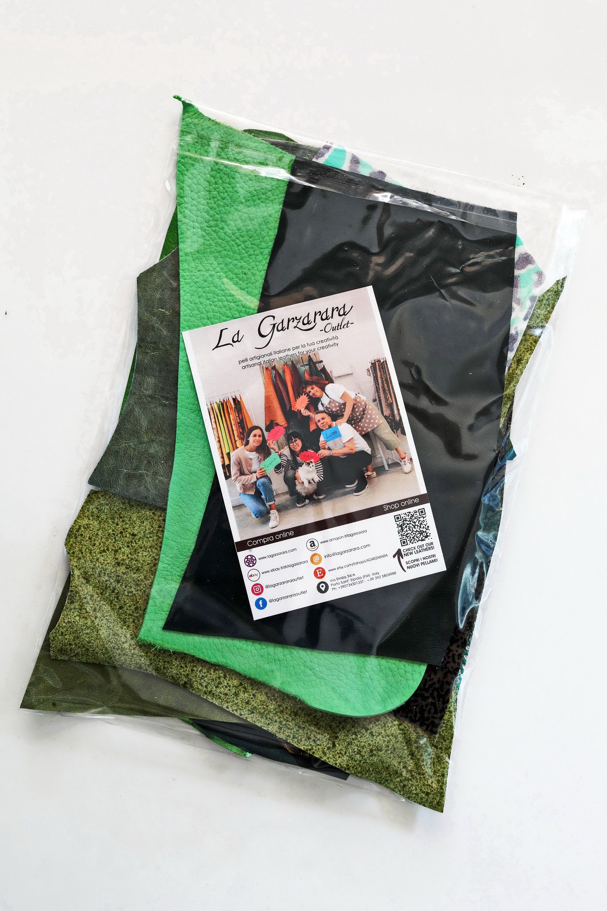 Assorted Green Scraps, Decorative Leather Pieces, Metallic Printed and Grain Offcuts for Accessories and Crafts B1290-RC La Garzarara