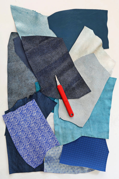 Blue Tone Leather Scraps, Azure Navy and Deep Blue Assortment, Mixed Finishes Piece for Small Crafts B1310-RC La Garzarara