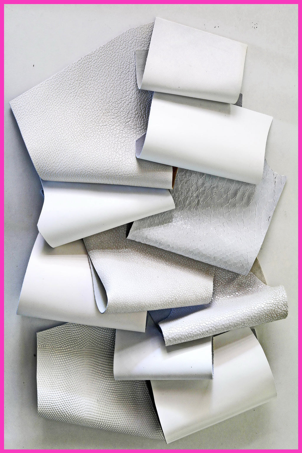White Leather Renmnats Craft Pieces, Ivory and Neutral Scraps, Mixed Finish Offcuts for leather projects B1330-RC La Garzarara