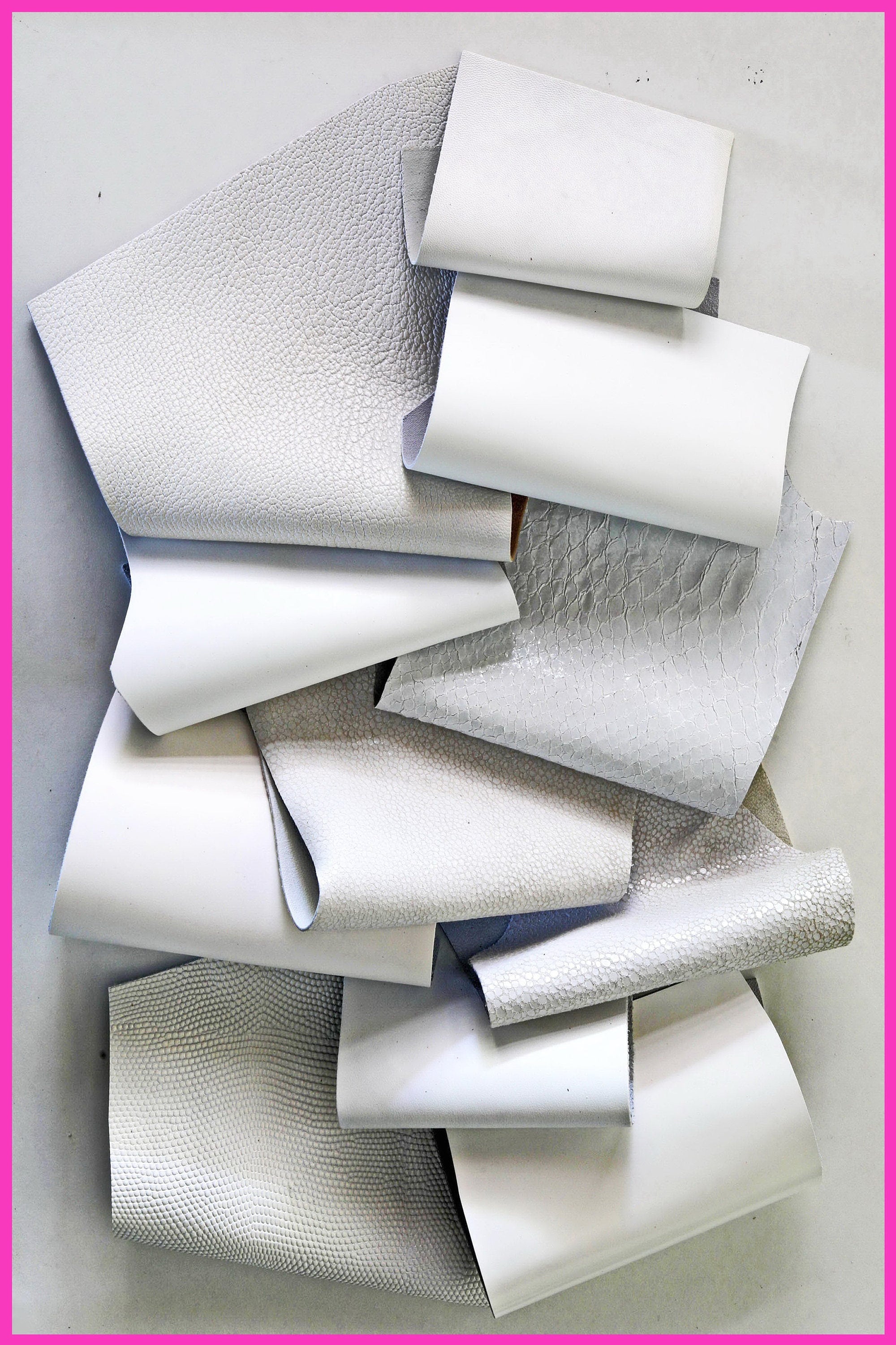 White Leather Renmnats Craft Pieces, Ivory and Neutral Scraps, Mixed Finish Offcuts for leather projects B1330-RC La Garzarara