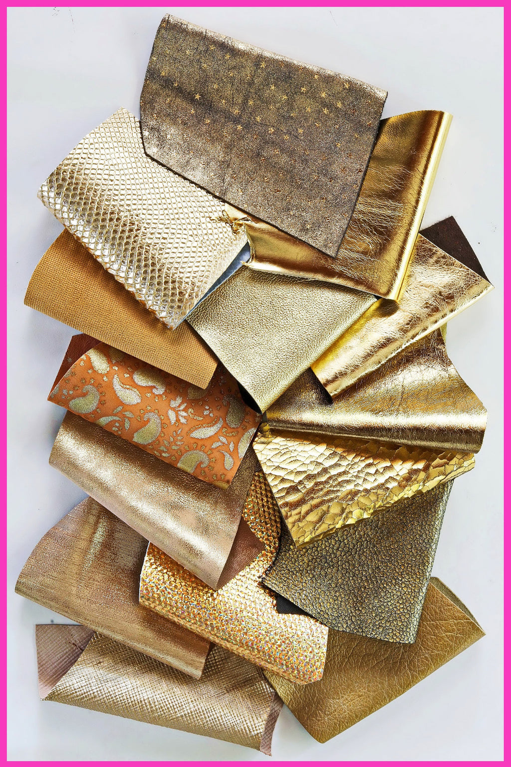 Leather SCRAPS bag, GOLD color, fancy textures, foils and softness various 0,7 lbs - 0,300 kg B1370-RC La Garzarara
