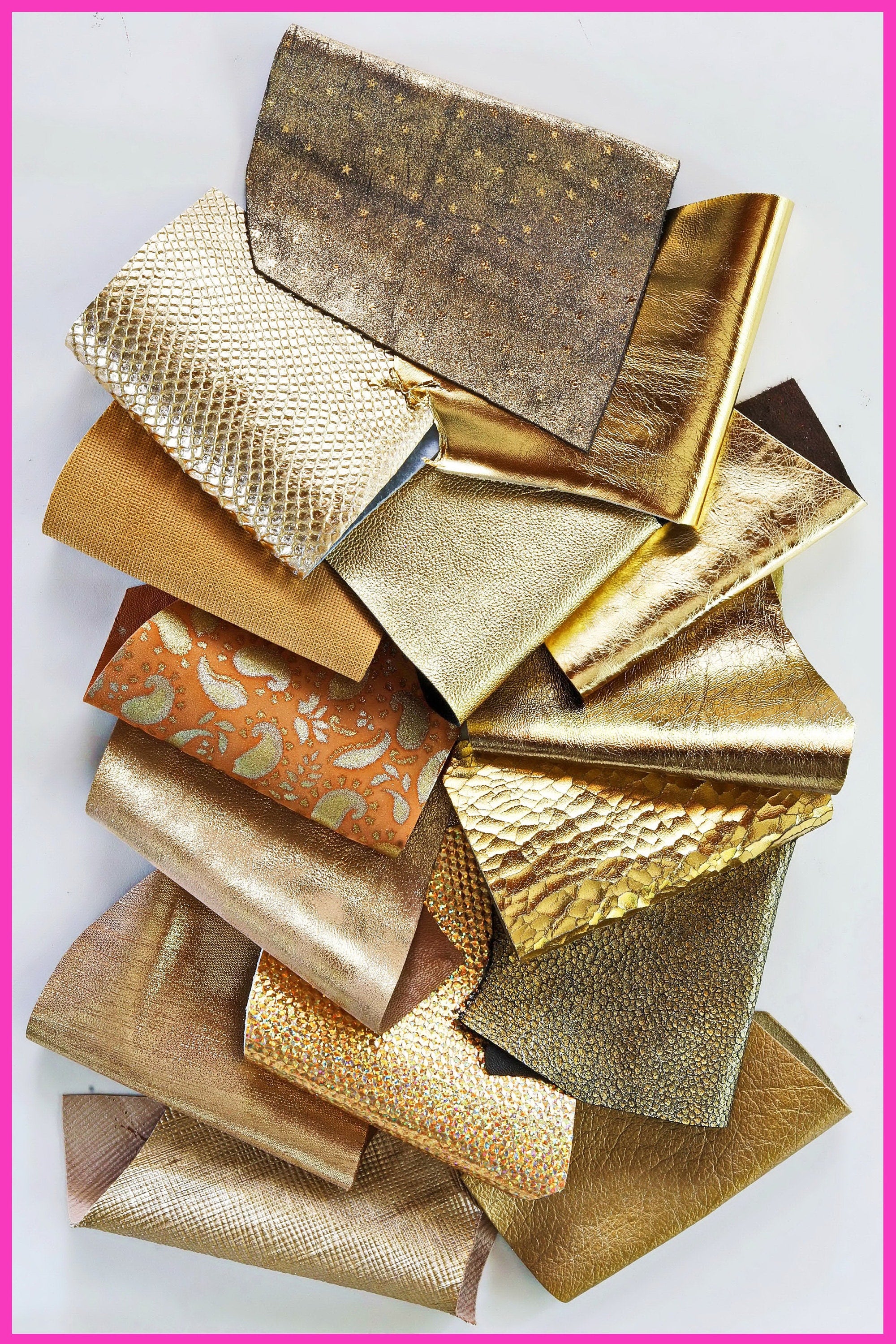 Leather SCRAPS bag, GOLD color, fancy textures, foils and softness various 0,7 lbs - 0,300 kg B1370-RC La Garzarara