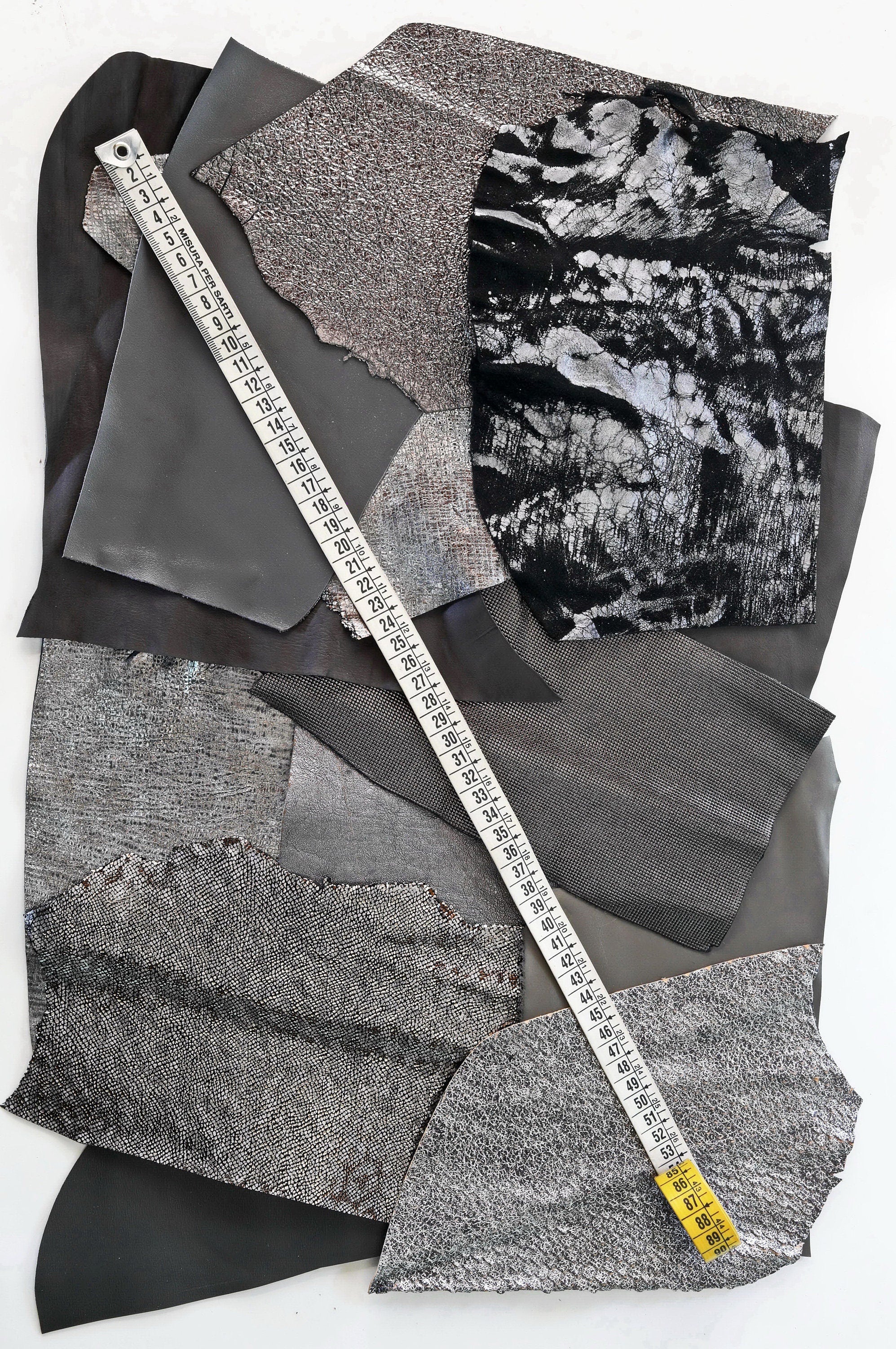 Charcoal Leather Scraps, Graphite and Dark Grey Craft Pieces, Assorted Textures and Finishes Offcuts for artisan B1430-RC La Garzarara