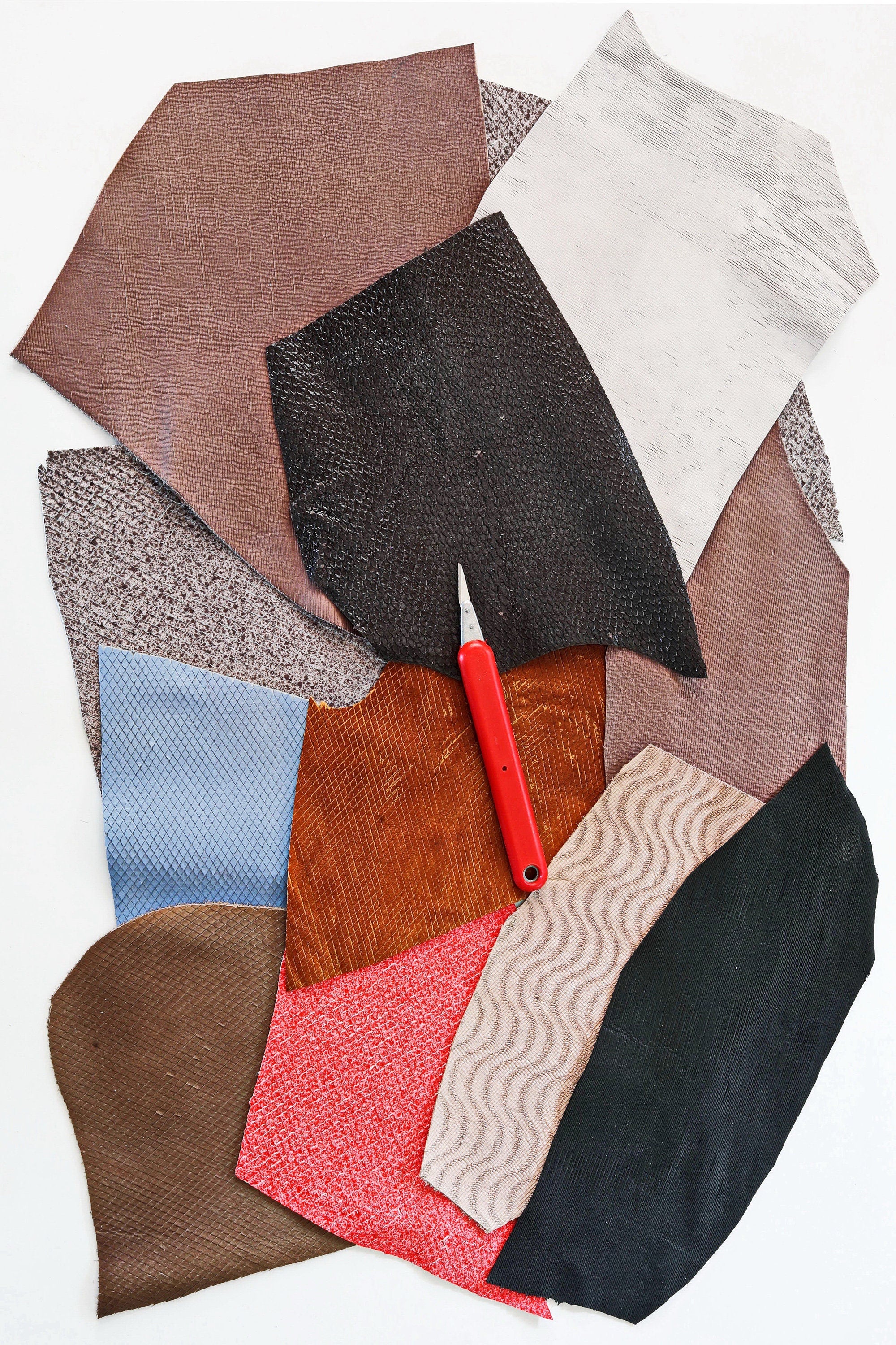 Textured Leather Pieces, Raised Engraved Pieces, Assorted Relief Patterns Scraps and Special Finishes Remnants B1510-RC La Garzarara