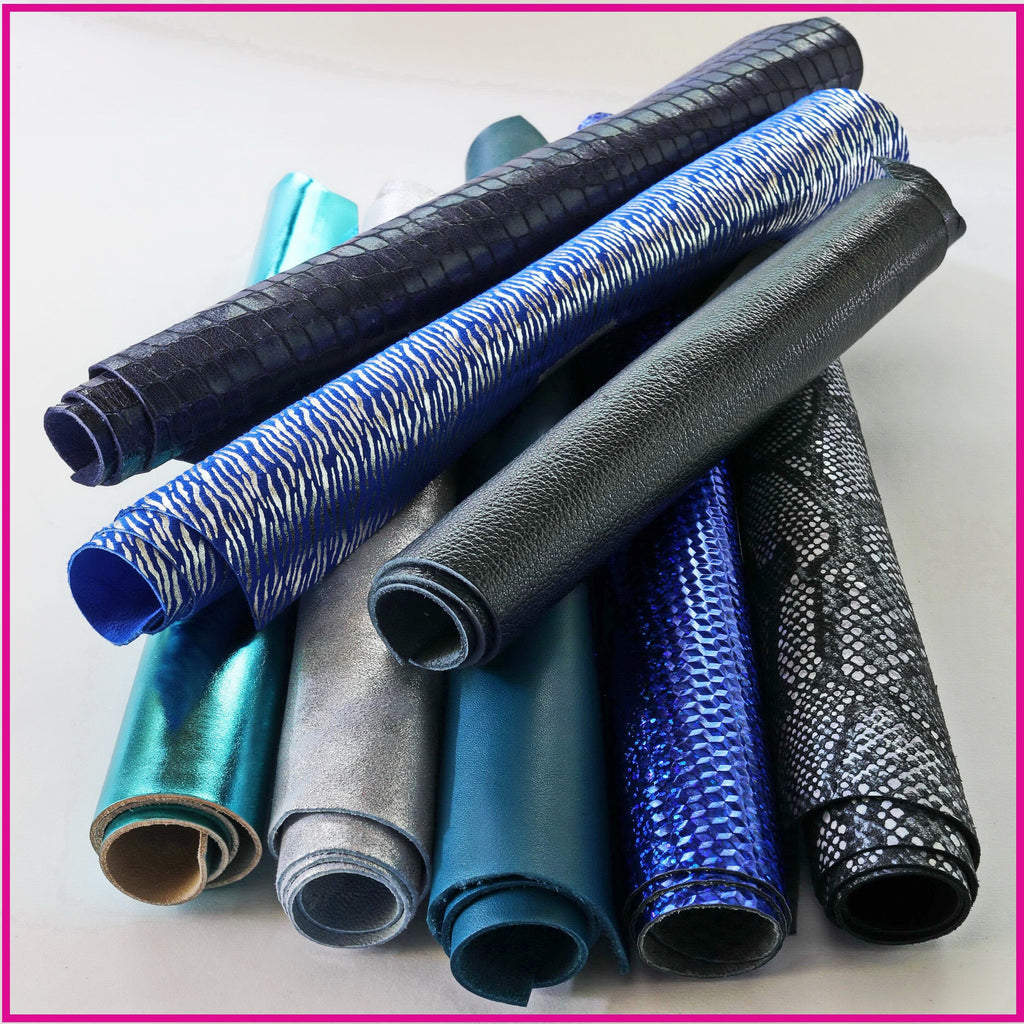Blue leather SCRAPS, random mixed remnants skins and offcuts hides , solid colors and patterns in light and dark blue tones 0.5 kg B1320-RC