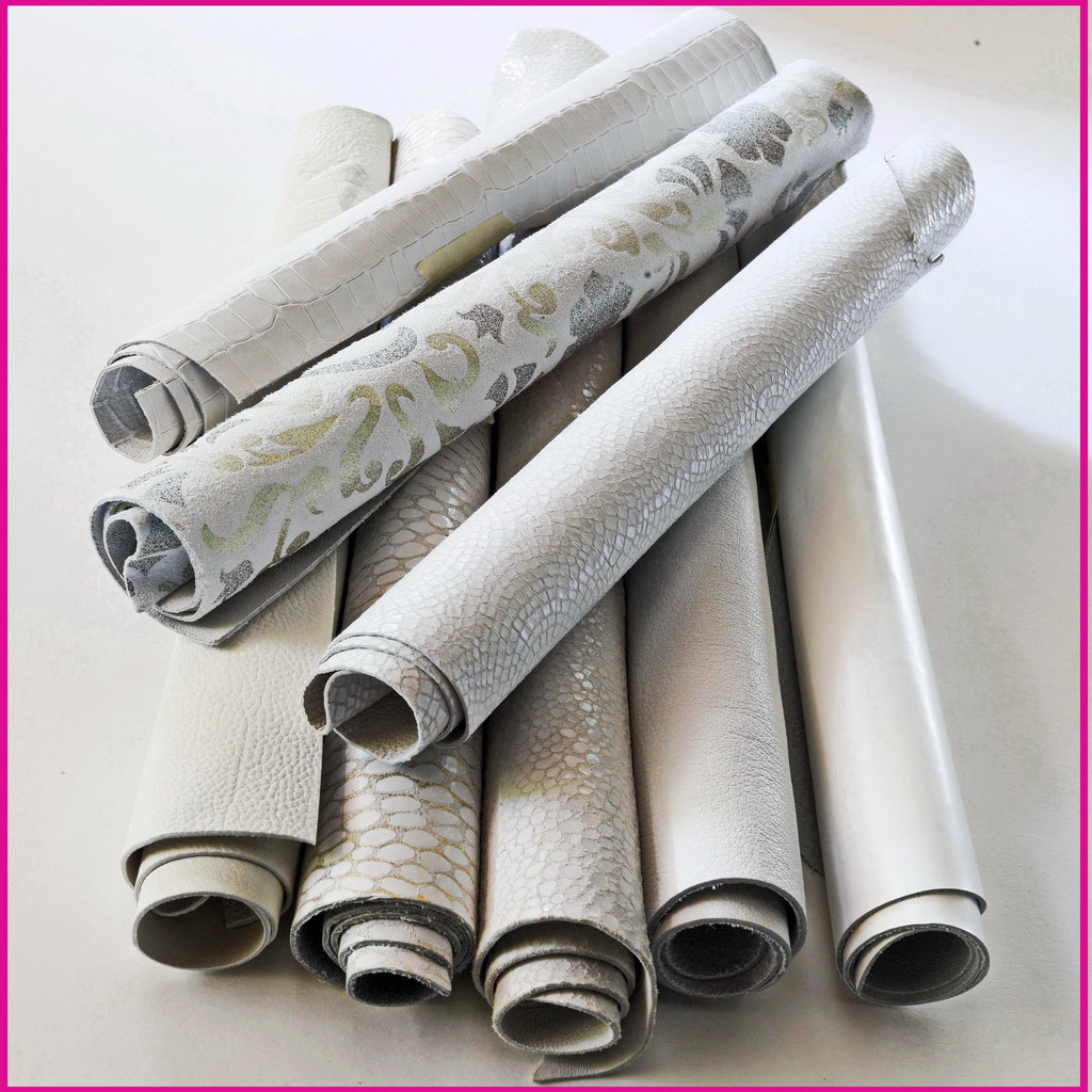 White leather SCRAPS, random mixed remnants and offcuts, solid color and patterns, smooth and grained hides 0.5 kg B1340-RC