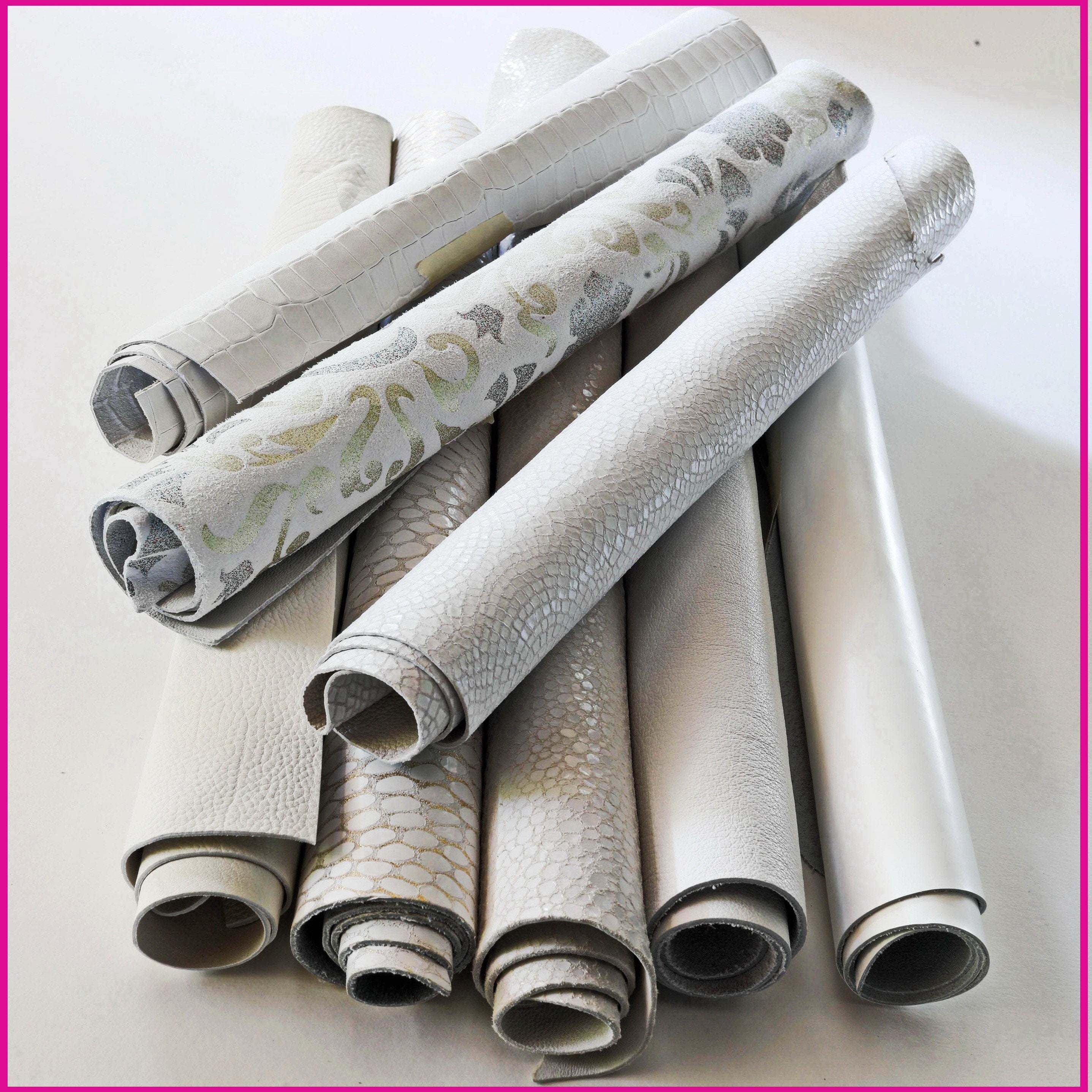White leather SCRAPS, random mixed remnants and offcuts, solid color and patterns, smooth and grained hides 0.5 kg B1340-RC