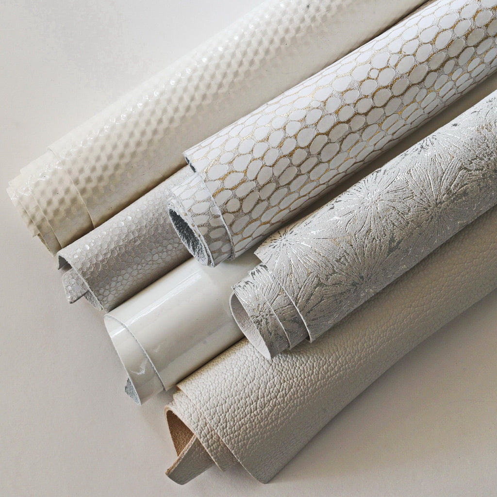 White leather SCRAPS, random mixed remnants and offcuts, solid color and patterns, smooth and grained hides 0.5 kg B1340-RC