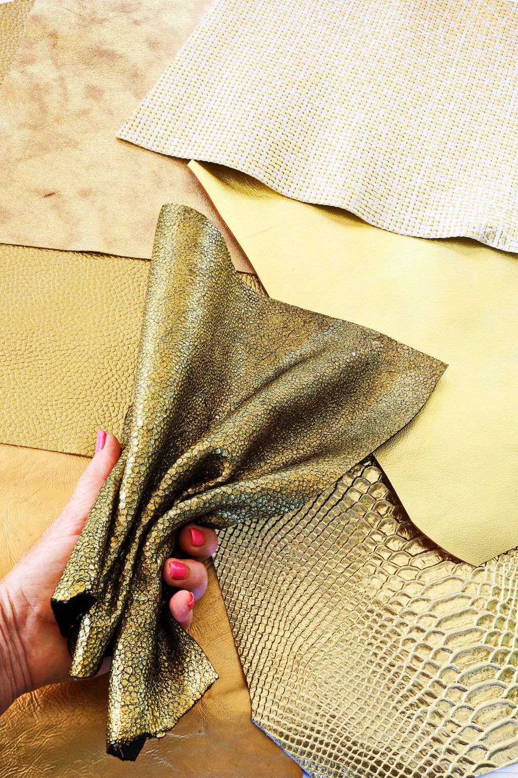 Gold Leather SCRAPS, Renmants fancy textures, solid color, italian gold leather pieces for earrings 1 lbs B1380-RC La Garzarara