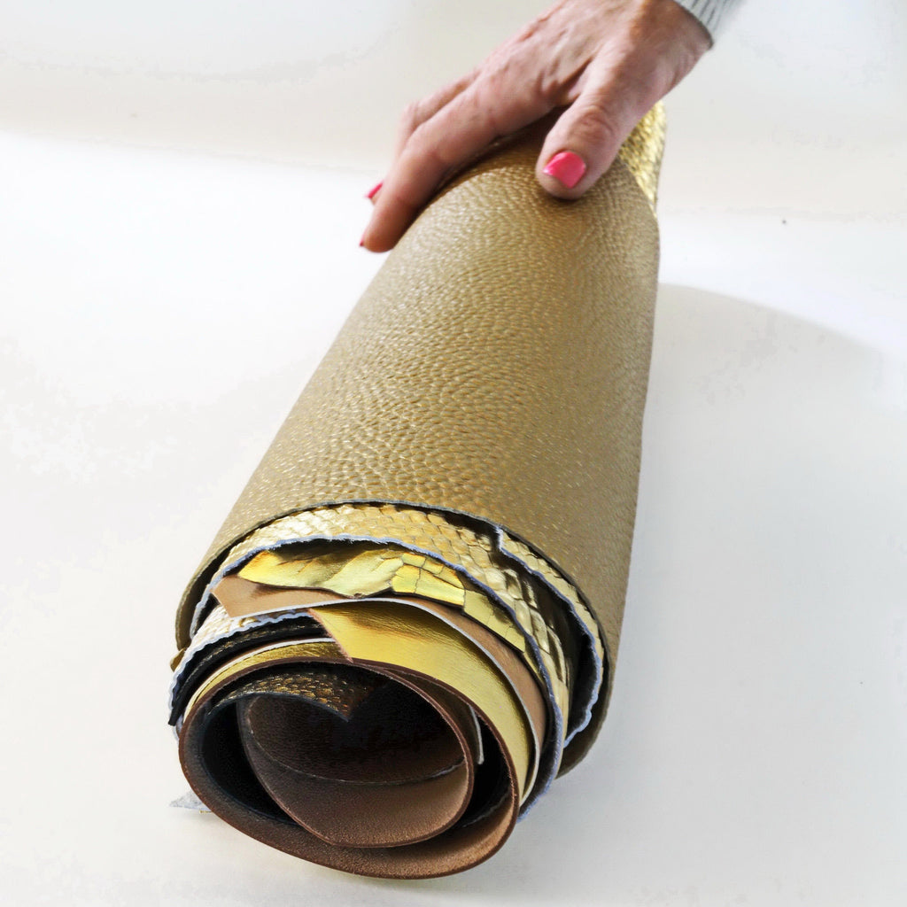 Gold Leather SCRAPS, Renmants fancy textures, solid color, italian gold leather pieces for earrings 1 lbs B1380-RC La Garzarara
