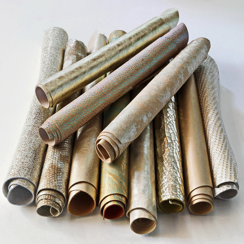 Light gold Leather renmants leather, PLATINUM mixed offcuts, assorted leather scraps and sheets solid and printed 500g B1400 RC Garzarara
