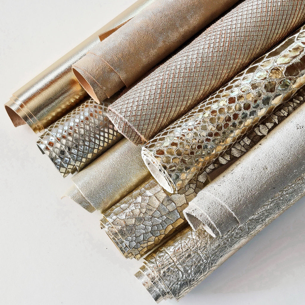 Light gold Leather renmants leather, PLATINUM mixed offcuts, assorted leather scraps and sheets solid and printed 500g B1400 RC Garzarara