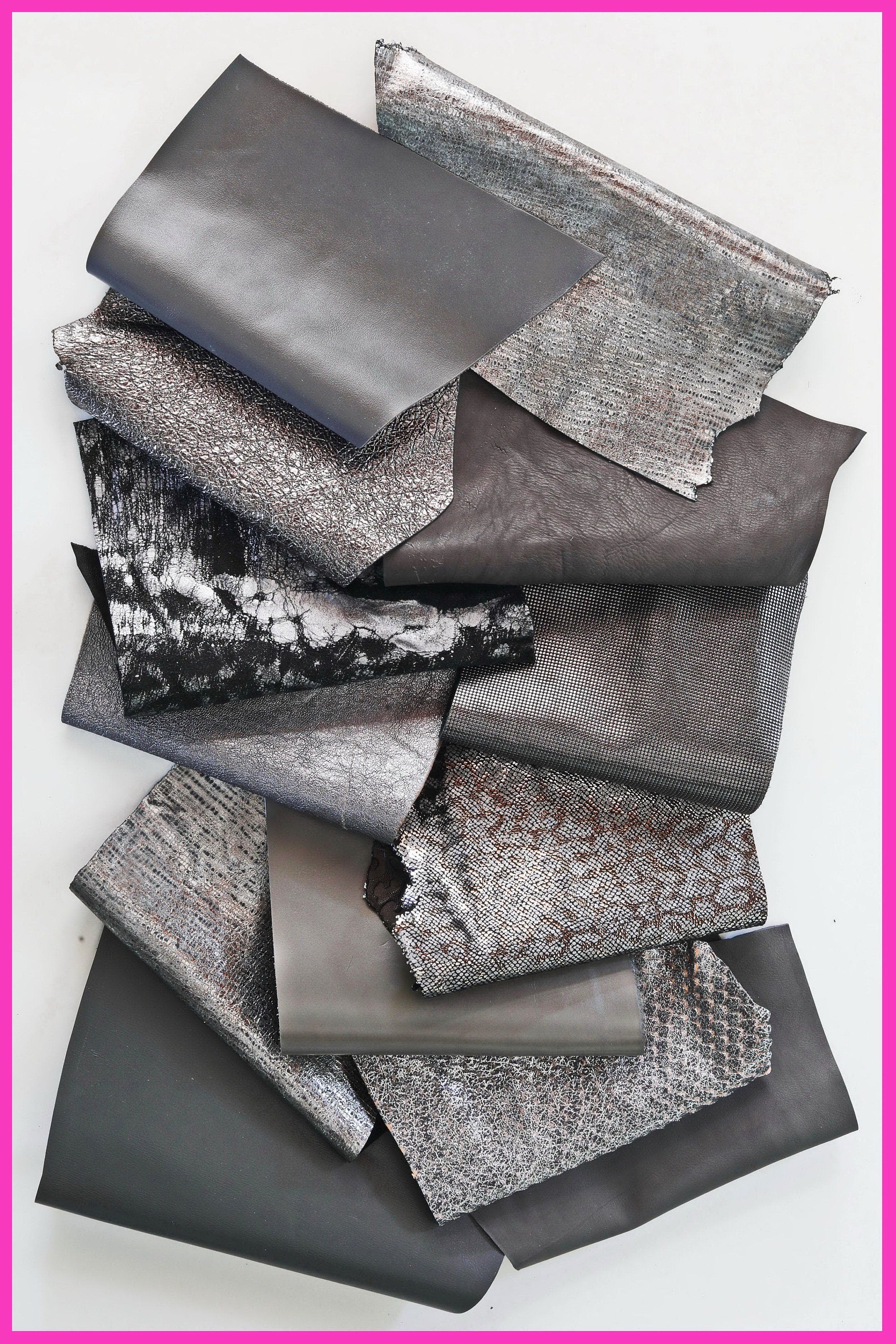Charcoal Leather Scraps, Graphite and Dark Grey Craft Pieces, Assorted Textures and Finishes Offcuts for artisan B1430-RC La Garzarara