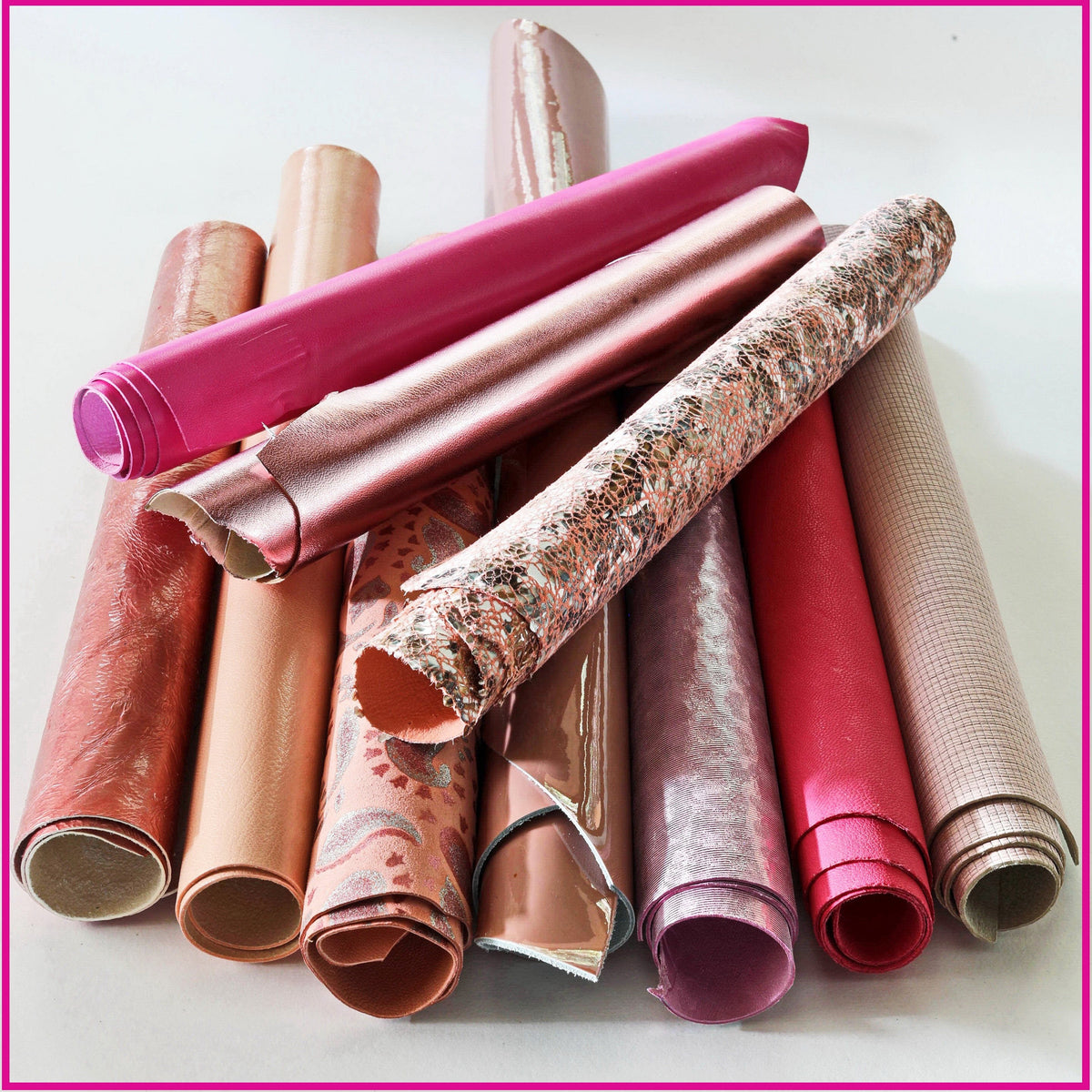 Pink leather Scraps, Rose assorted leather pieces, solid and patterned Offcuts, RANDOM renmants selection 500 g B1280 RC La Garzarara