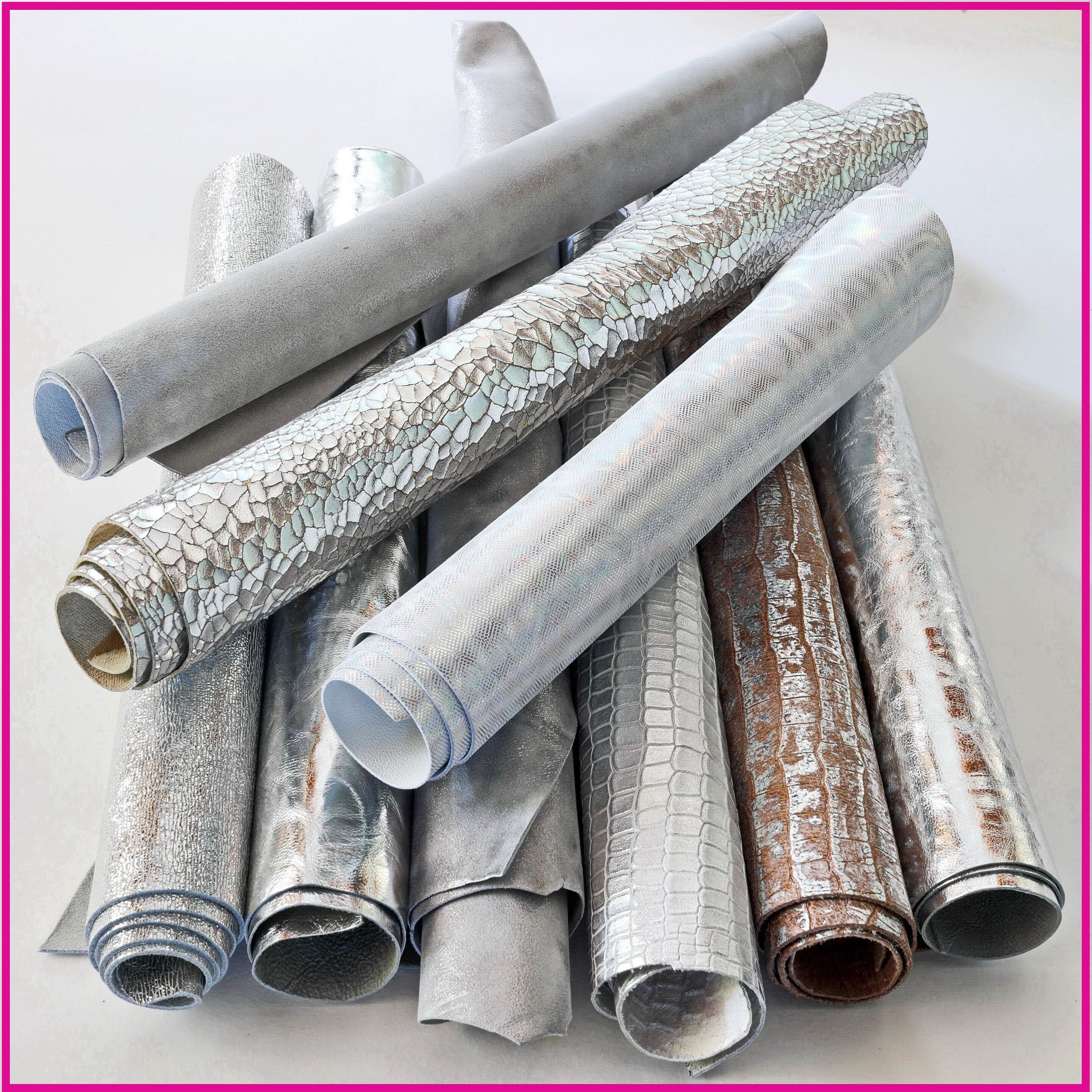 Silver Leather pieces, assorted metallic leather scraps, solid and patterned offcuts, RANDOM selection 1 lbs / 500 gr B1360 RC La Garzarara