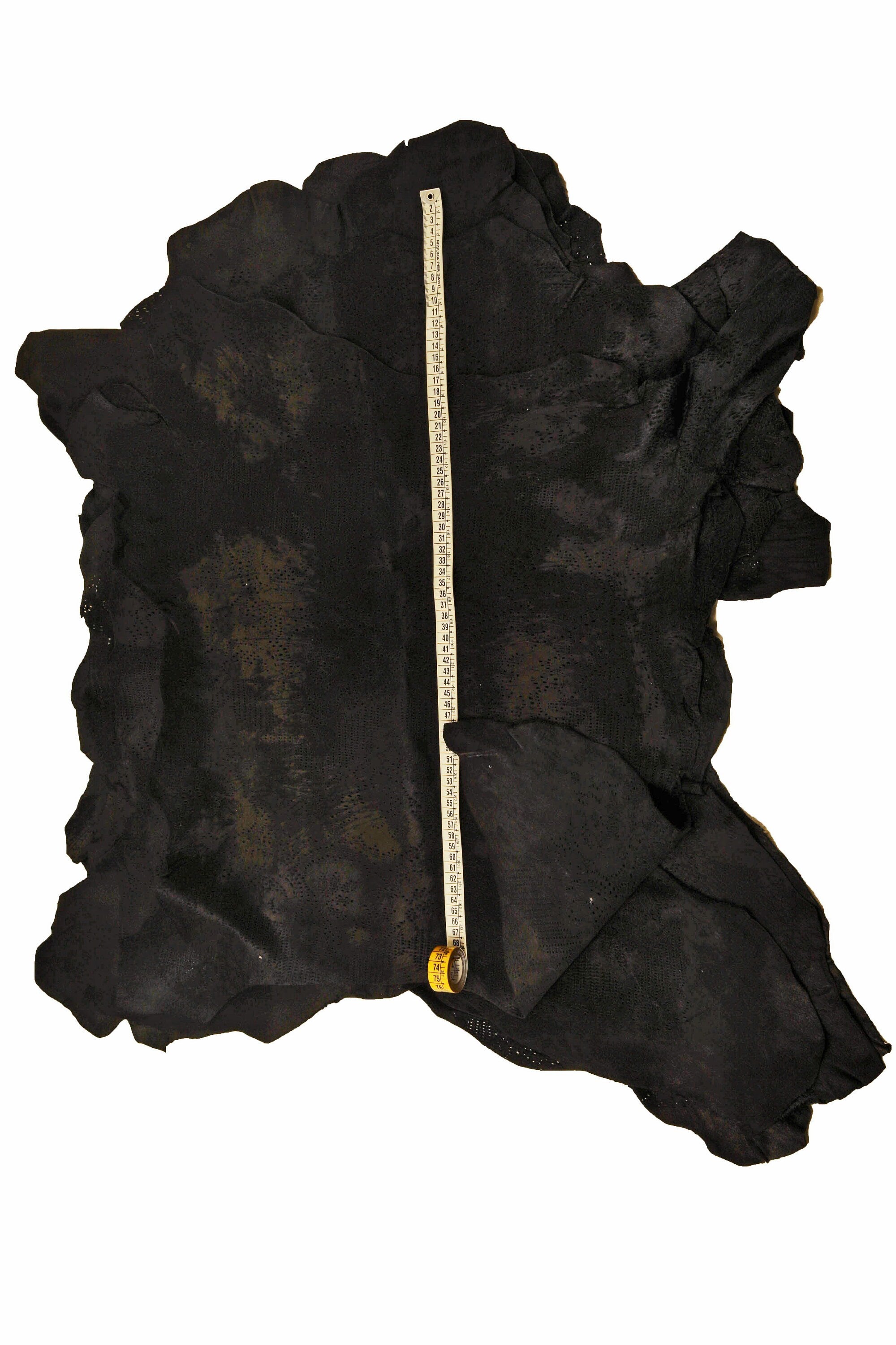 Black PERFORATED hair on leather hide, acid effect on FLORAL printed pony calfskin, vintage distressed soft hairy cowhide B15860-CV