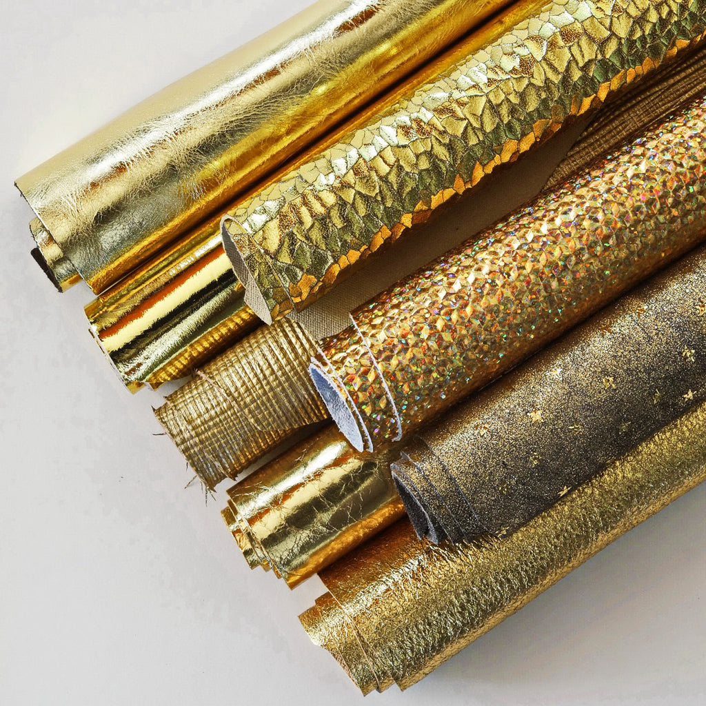 Gold Leather SCRAPS, Renmants fancy textures, solid color, italian gold leather pieces for earrings 1 lbs B1380-RC La Garzarara