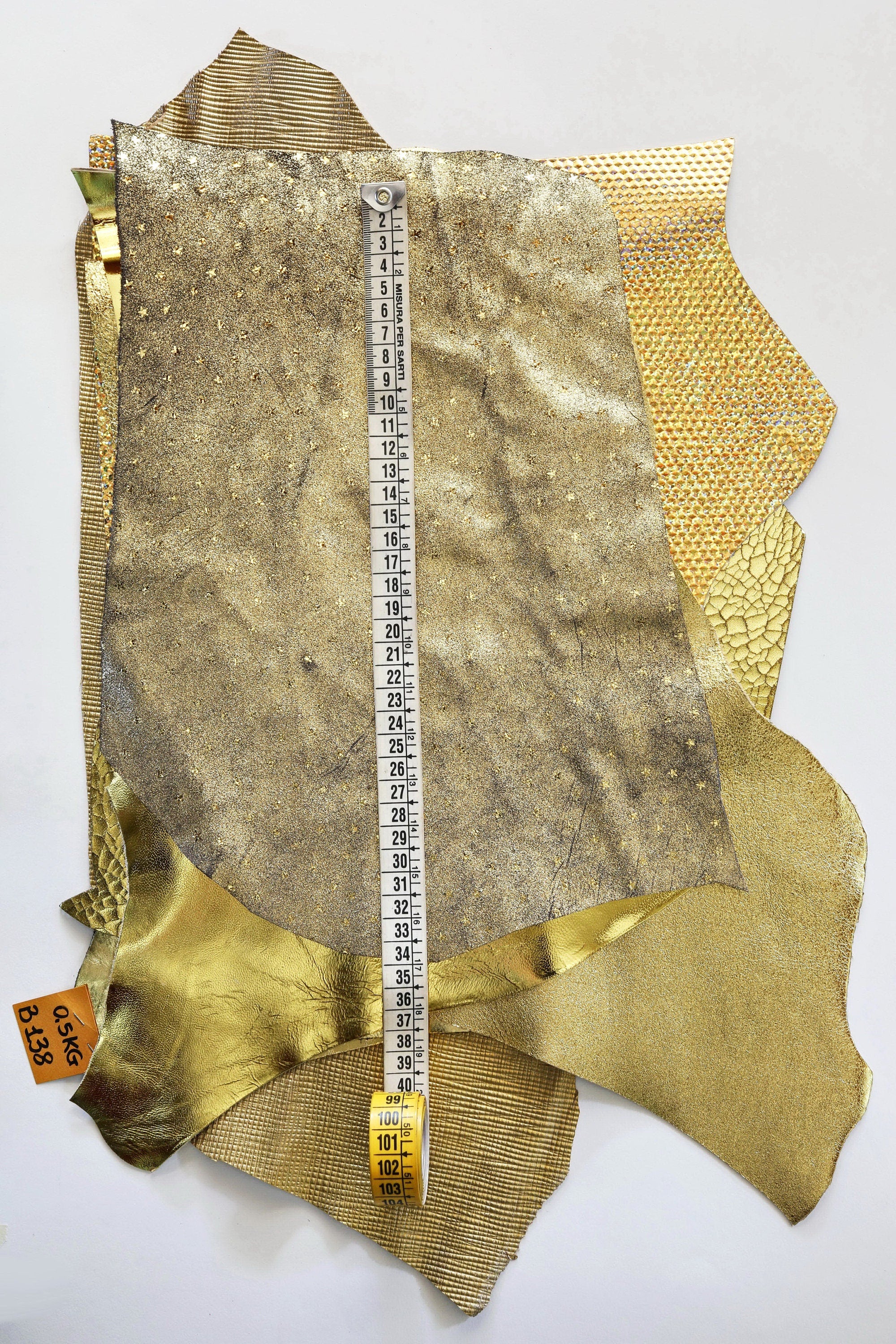 Gold Leather SCRAPS, Renmants fancy textures, solid color, italian gold leather pieces for earrings 1 lbs B1380-RC La Garzarara