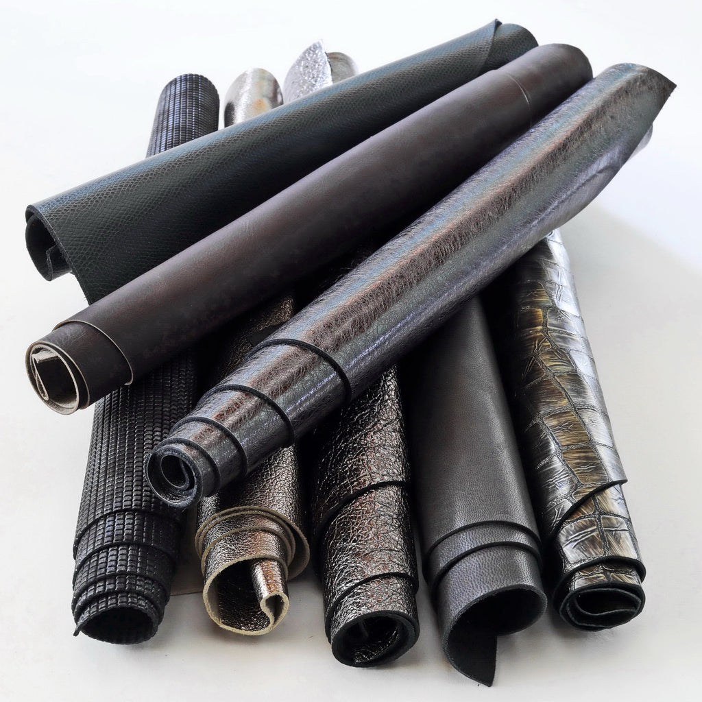 Leather scraps and pieces dark grey mix, random remnants leather skin hide, solid and patterned textures, craft use 500g B1440-RC Garzarara