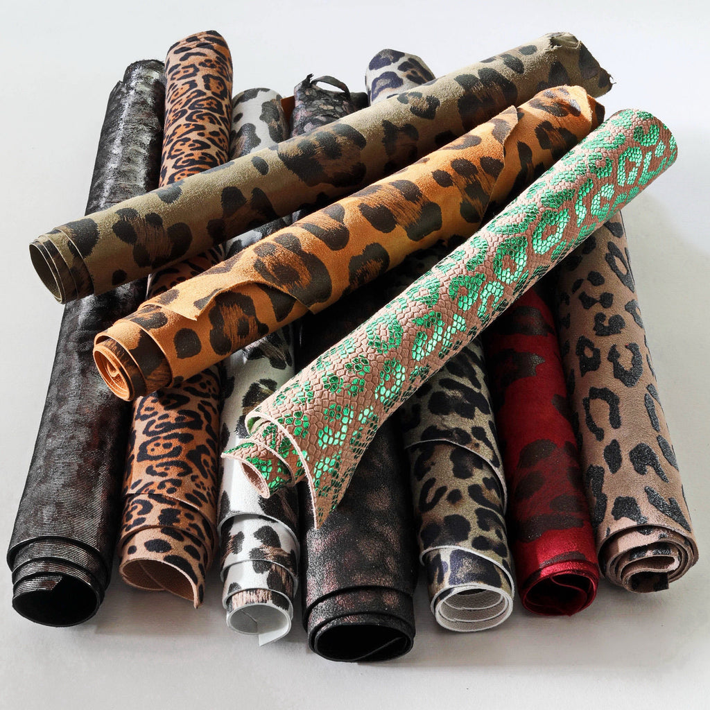 Leather scraps - LEOPARD textures, foils and softnes various, italian leather pieces 1 lbs B1460-RC La Garzarara
