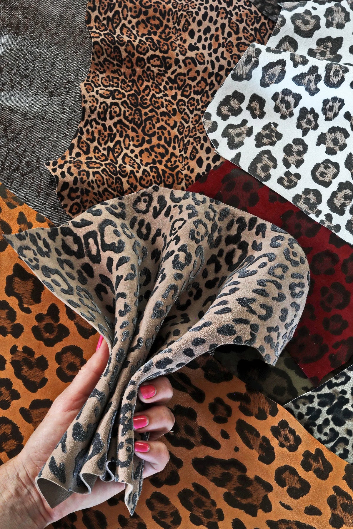 Leather scraps - LEOPARD textures, foils and softnes various, italian leather pieces 1 lbs B1460-RC La Garzarara