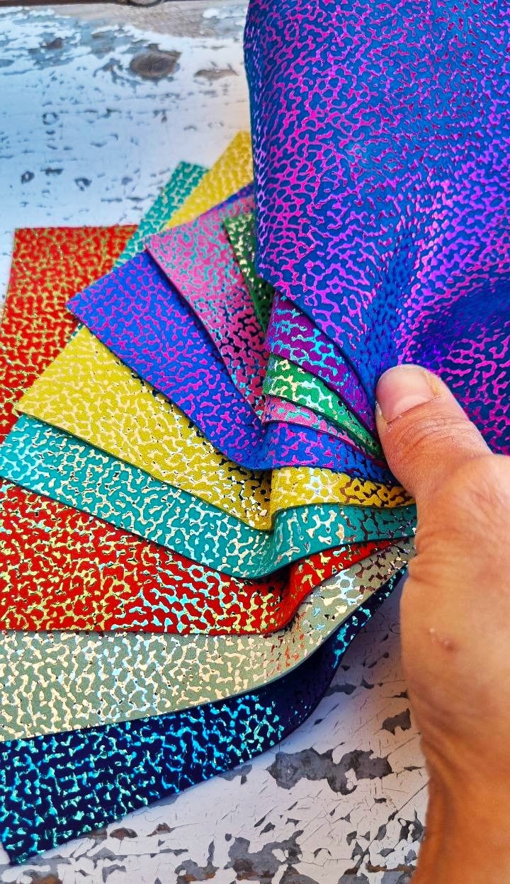 Printed Colorful Leather Scraps, Bright Metallic Foil Remnants, Suede Textured Pieces R91