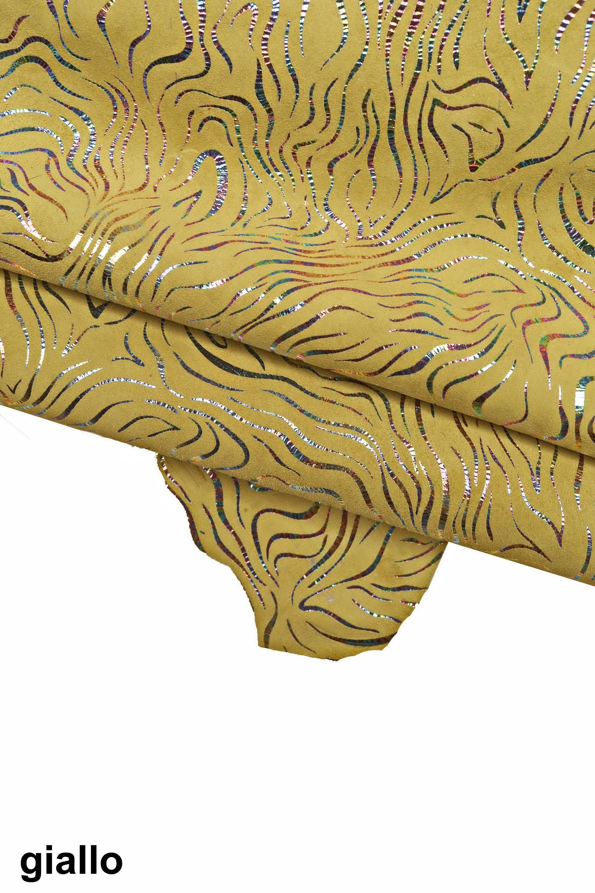 Holographic textured leather skin, gasoline ZEBRA - like printon suede goatskin, soft bright sparkling skin B15914-MT(st) La Garzarara