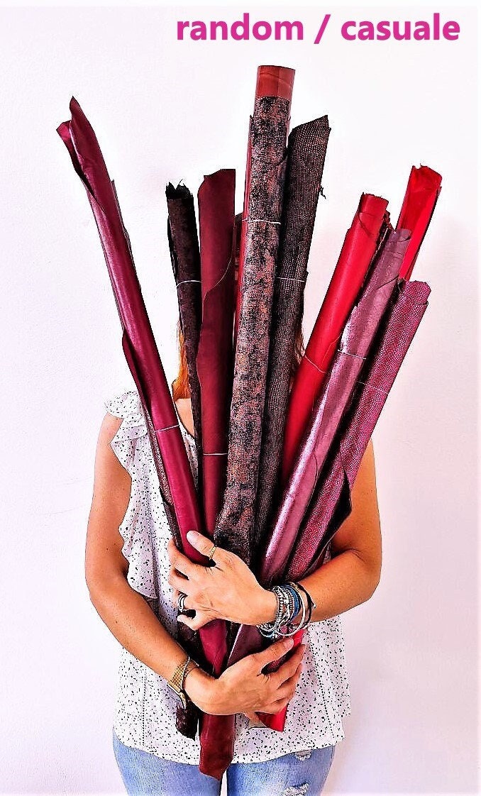 Red, Burgundy Wine Leather Hides Bundle, Genuine Leather Skins Assortment, Mixed Textures & Finishes B132