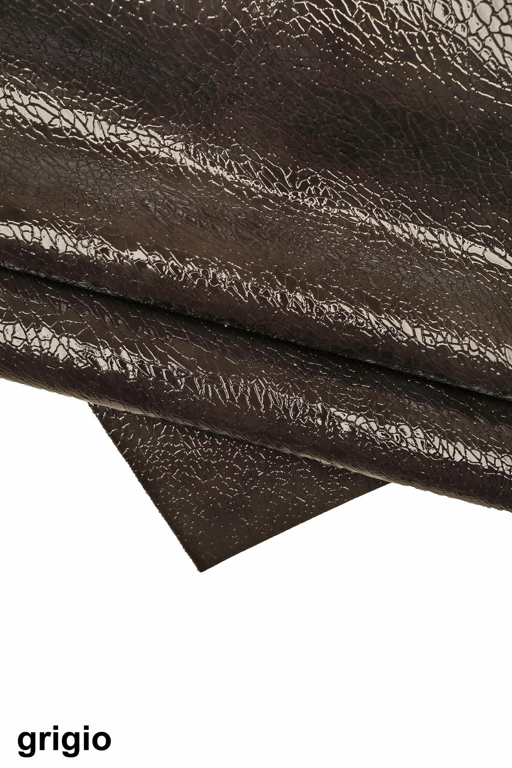 Petroleum green and dark grey PATENT leather hide, crackle like printed cowhide, glossy calfskin, medium softness B15875-ST La Garzarara