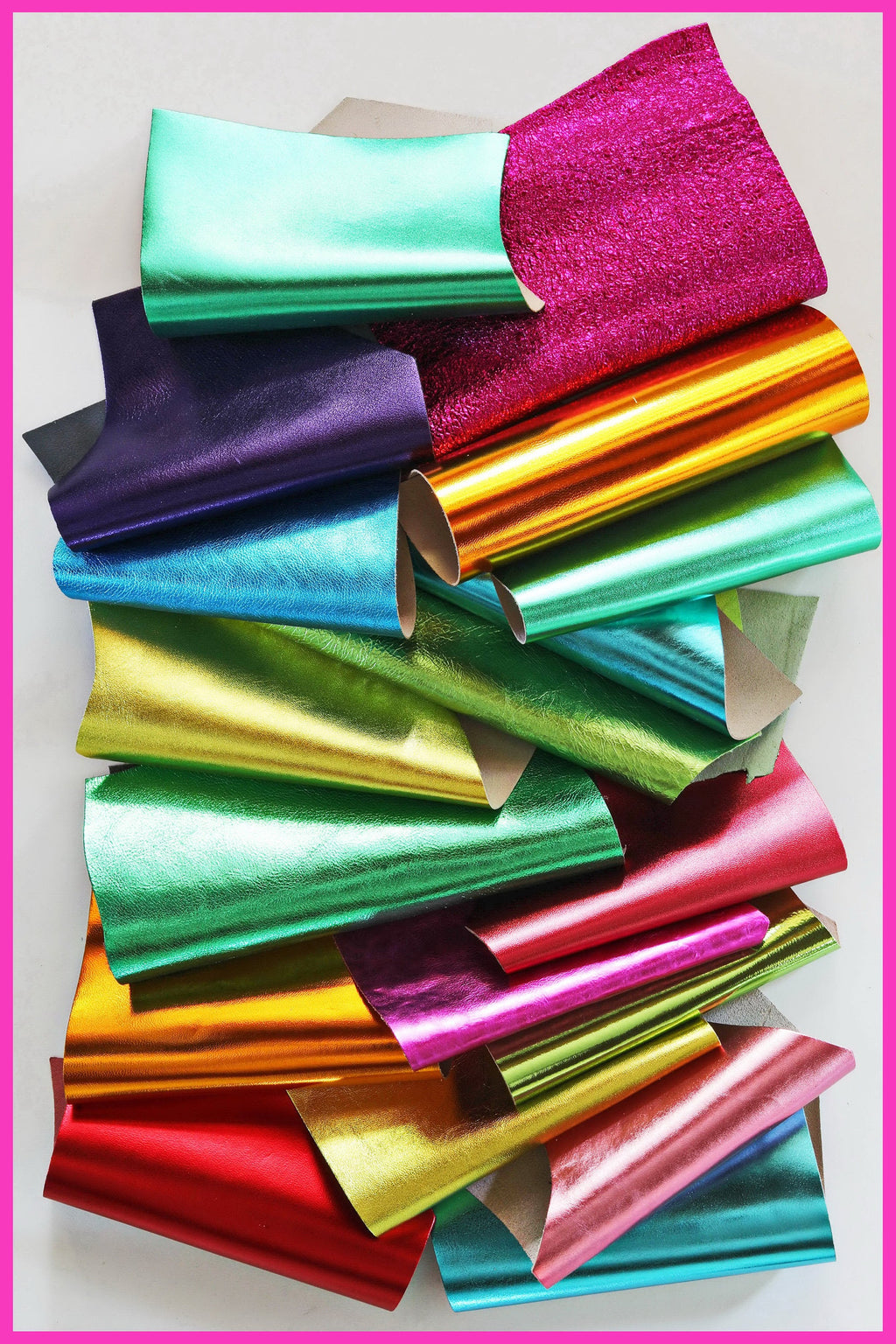 Leather scraps bag, METALLIC in BRIGHT colors, smooth, light grain or wrinkled effect 0,7 lbs - 0,300 kg B1506-RC La Garzarara 