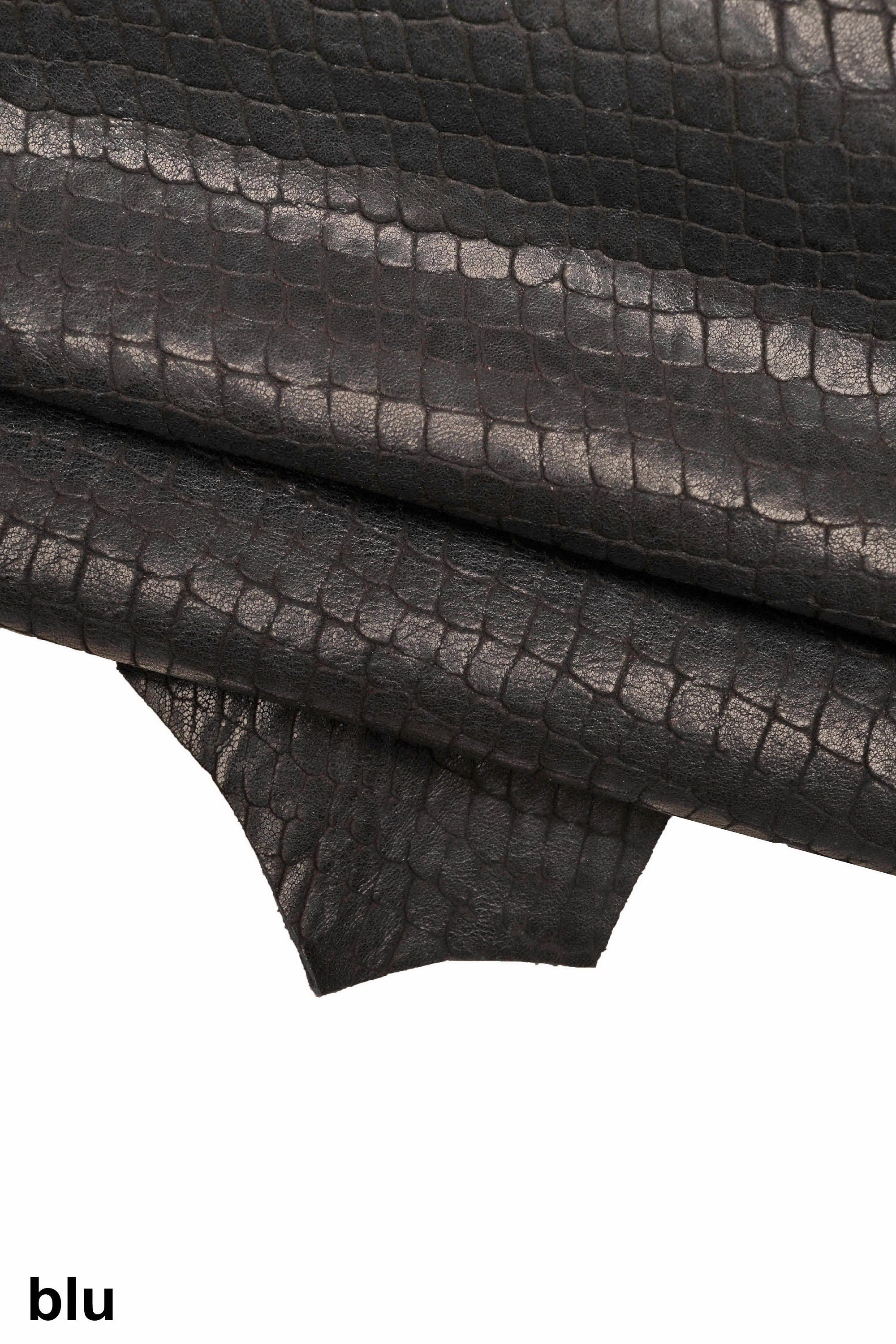 CROCODILE embossed goatskin leather – BLUE, green or beige – soft washed hide for crafts, bags & upholstery – LaGarzarara B16157-VT