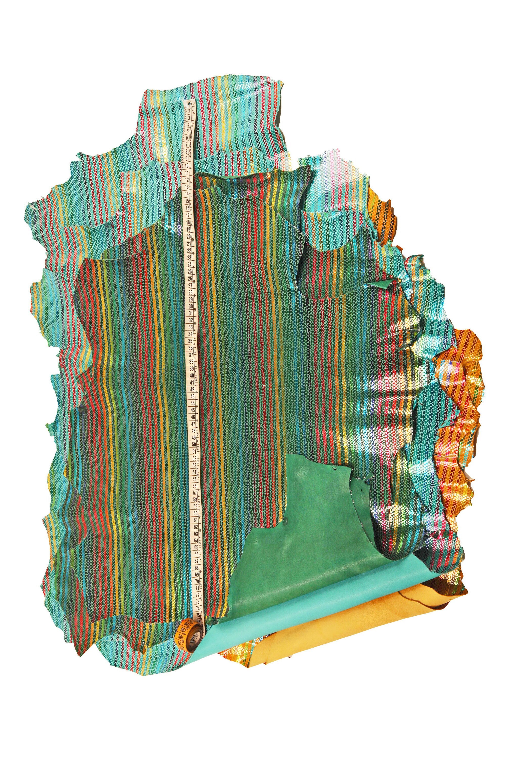 Multicolor STRIPES printed leather skin, green, yellow and orange snake texture and metallic soft suede goatskin B16169-MT(ST) La Garzarara