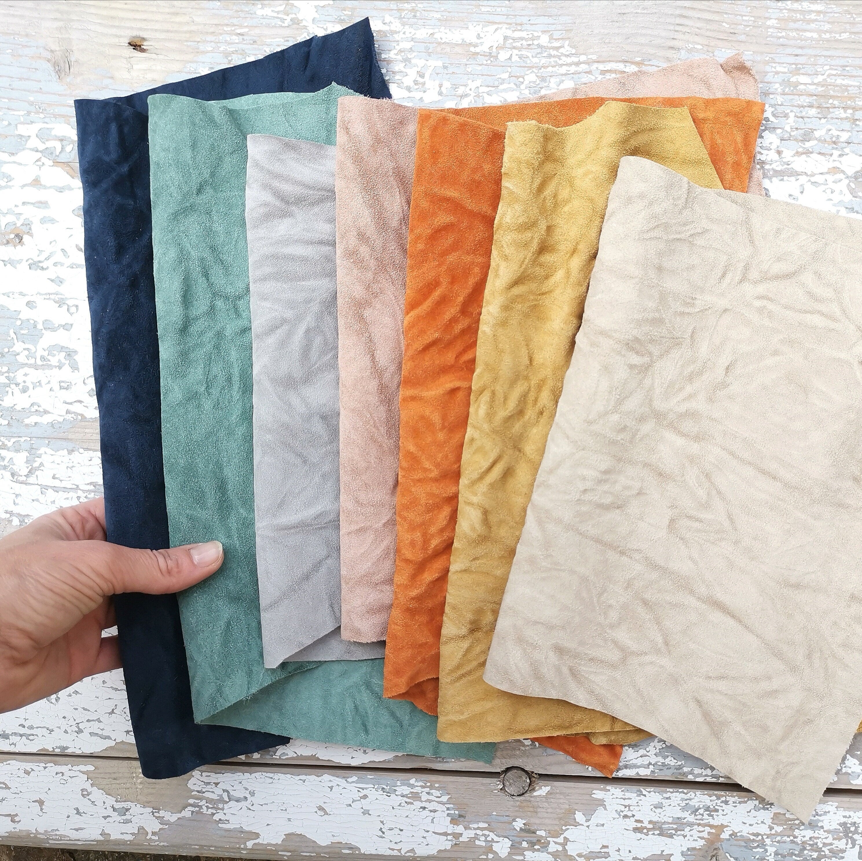 Suede crinkled leather scraps, 7 suede remnants wrinkled effect, pastel colors palette as per picture RT134 La Garzarara
