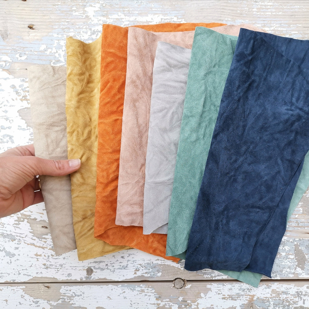Suede crinkled leather scraps, 7 suede remnants wrinkled effect, pastel colors palette as per picture RT134 La Garzarara