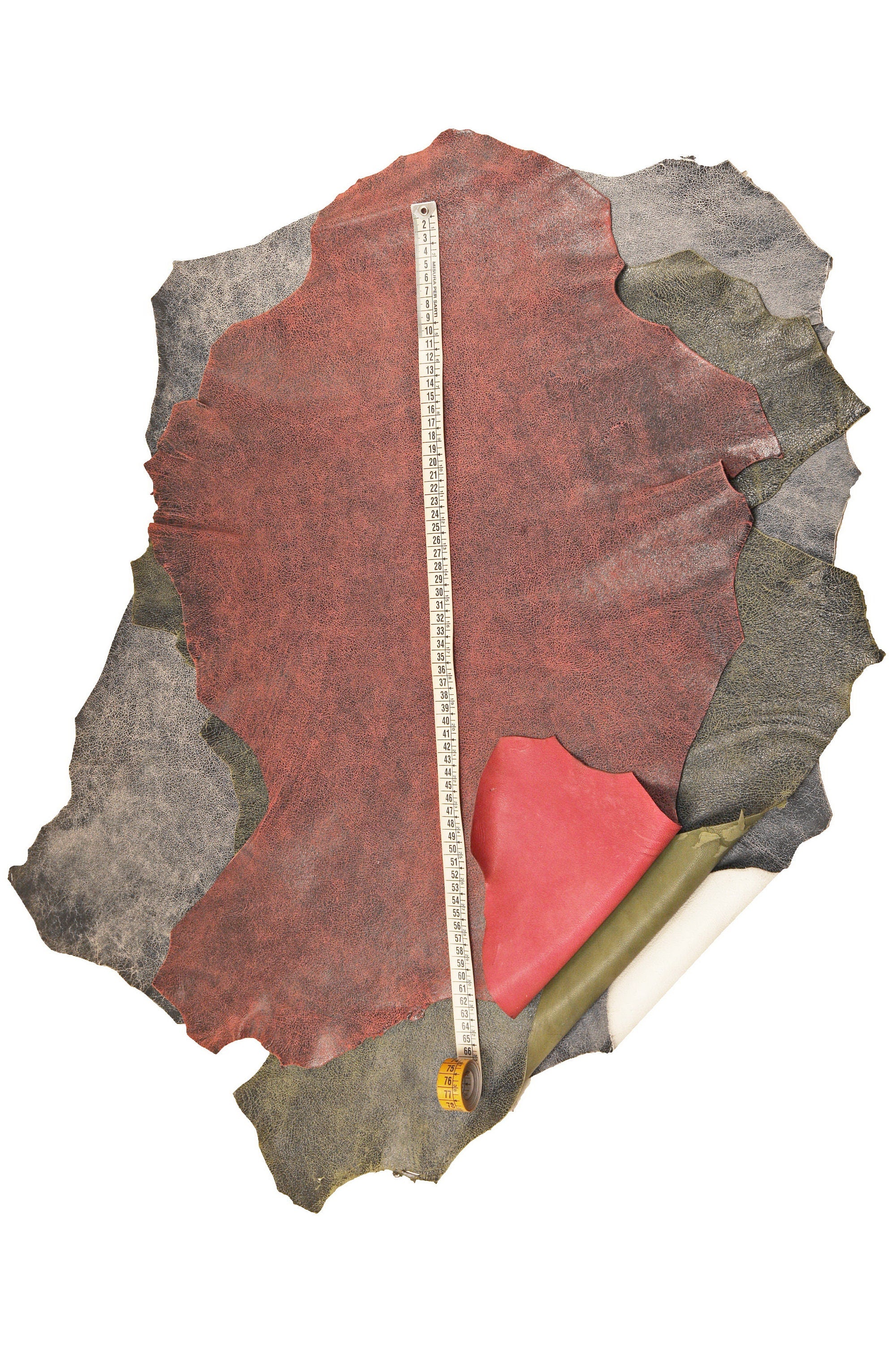 Distressed Suede Leather skins – Antique Soft Goat in Gray, Green & Red, Vintage crackled hides B16124-ST La Garzarara