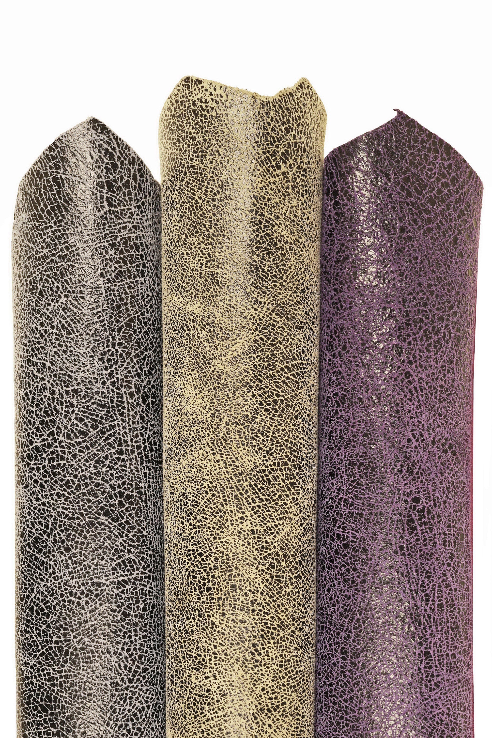 CRACKLE printed leather skin, greyish green, purple, grey soft textured suede goatskin, crack pattern on skin B16125-ST La Garzarara