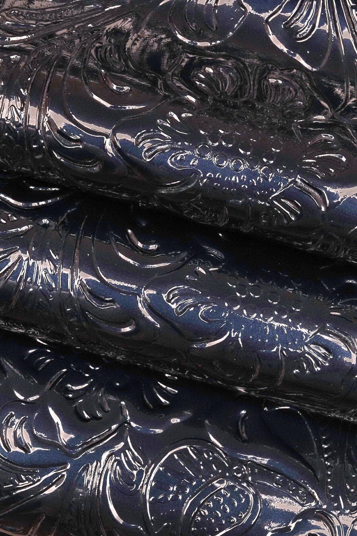 FLORAL embossed PATENT leather hide, green blue black glossy cowhide, relief flower print on calfskin B16262-ST La Garzarara