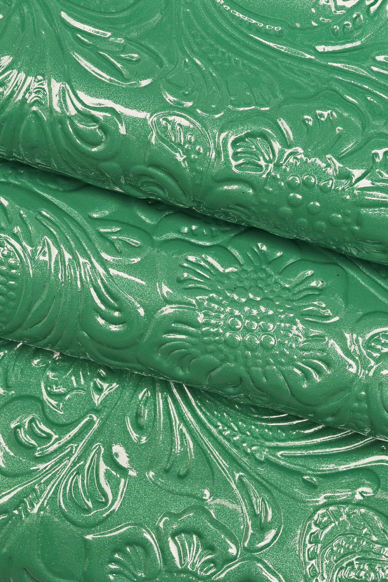 FLORAL embossed PATENT leather hide, green blue black glossy cowhide, relief flower print on calfskin B16262-ST La Garzarara
