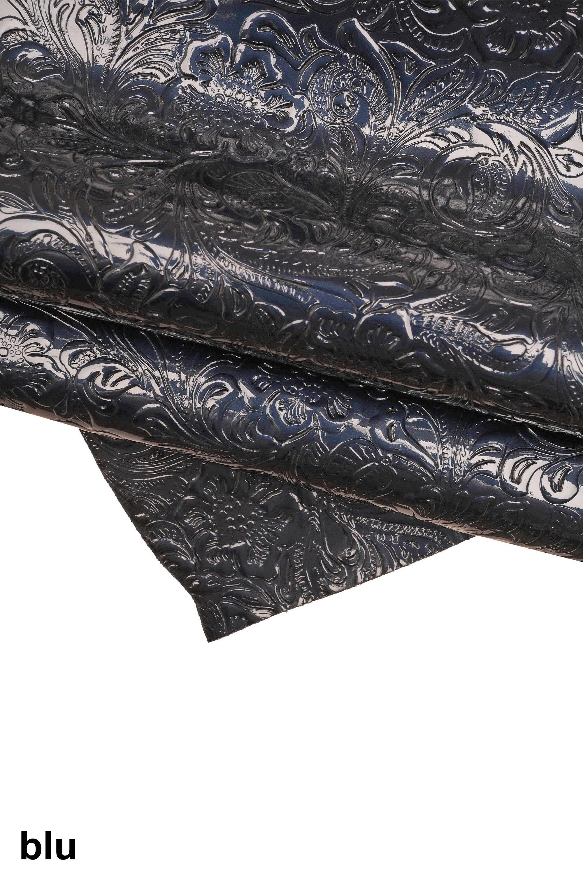 FLORAL embossed PATENT leather hide, green blue black glossy cowhide, relief flower print on calfskin B16262-ST La Garzarara