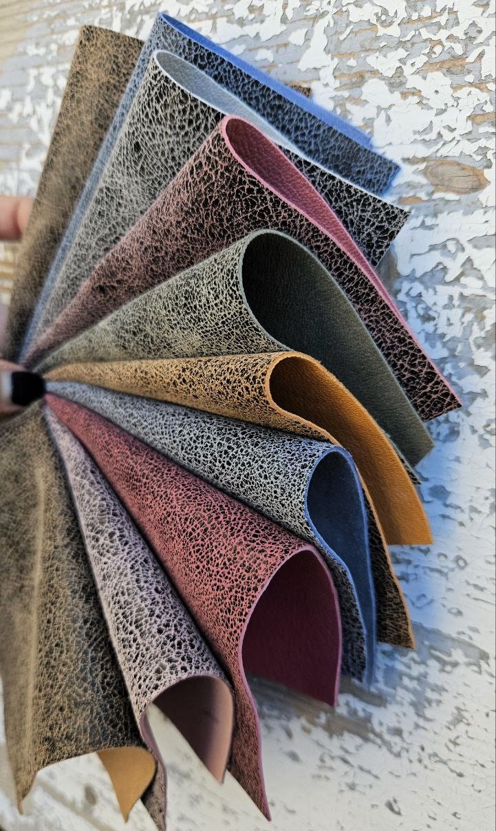 10 Premium Leather Scraps in Multicolor Tones, Mixed Prints with Crackle Effects, Assorted Remnants RT216 La Garzarara
