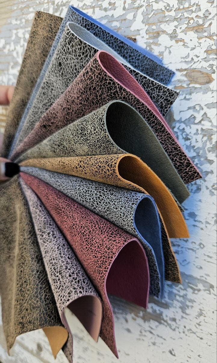 10 Premium Leather Scraps in Multicolor Tones, Mixed Prints with Crackle Effects, Assorted Remnants RT216 La Garzarara