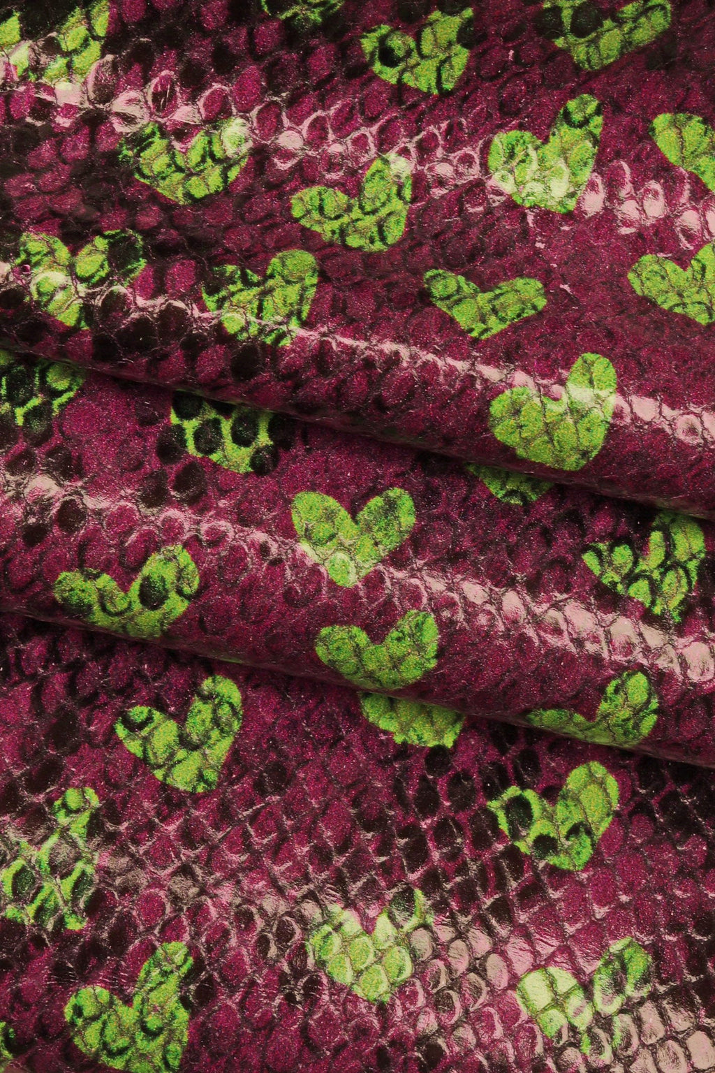 Purple Heart Python Print Leather Hide, Metallic Fuchsia & Lime Green Snake Pattern Calfskin | Fun Fashion LeatherB16348-ST La Garzarara