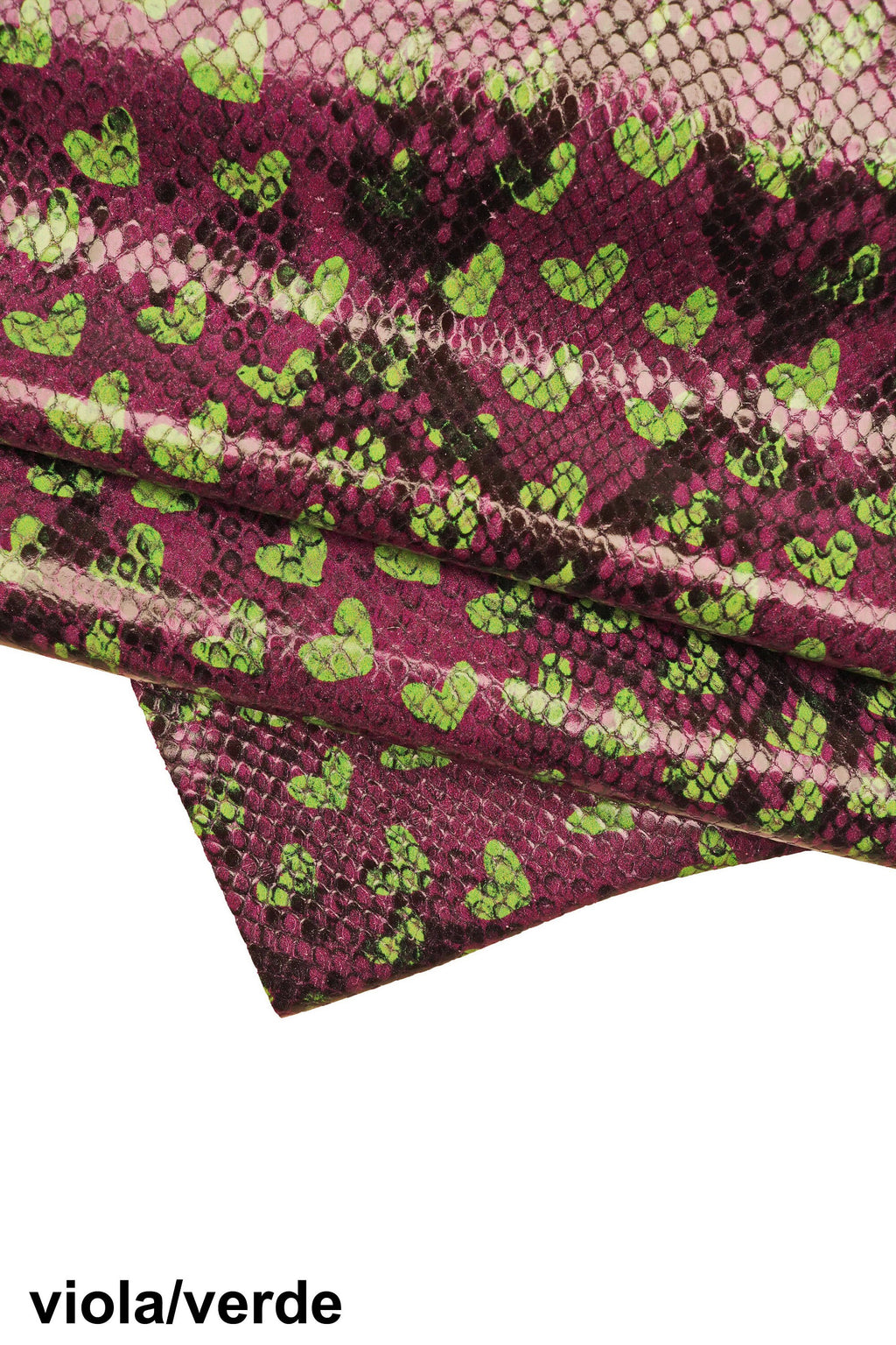 Purple Heart Python Print Leather Hide, Metallic Fuchsia & Lime Green Snake Pattern Calfskin | Fun Fashion LeatherB16348-ST La Garzarara
